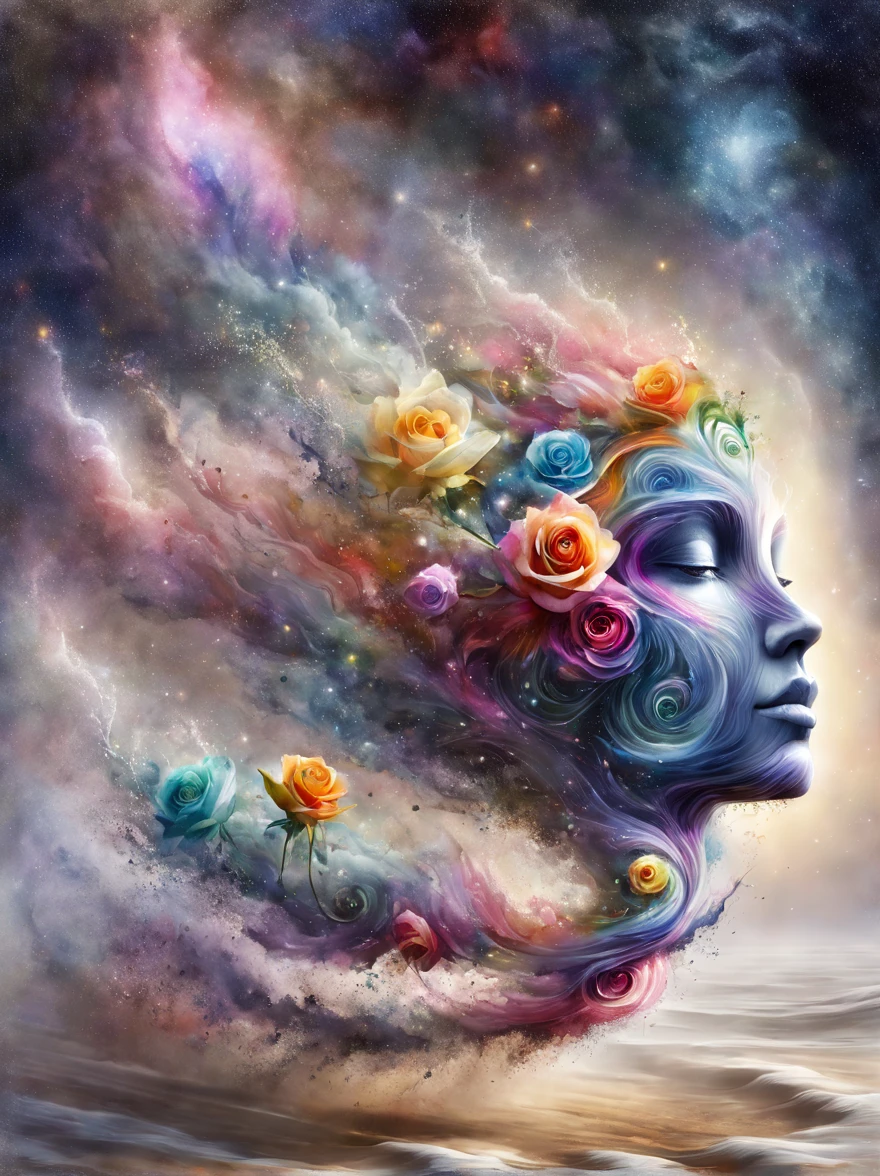 Watercolor Art, Flowers, Watercolor Flowers, multicolored watercolor roses float in the space between the earth and the starry sky and are a smooth transition between clouds above and sand below, cosmic dust descends to the earth and forms blooming roses, cosmic dust in the form of blooming roses connects heaven and earth, watercolor psychedelic art, winner of the international competition watercolor paintings