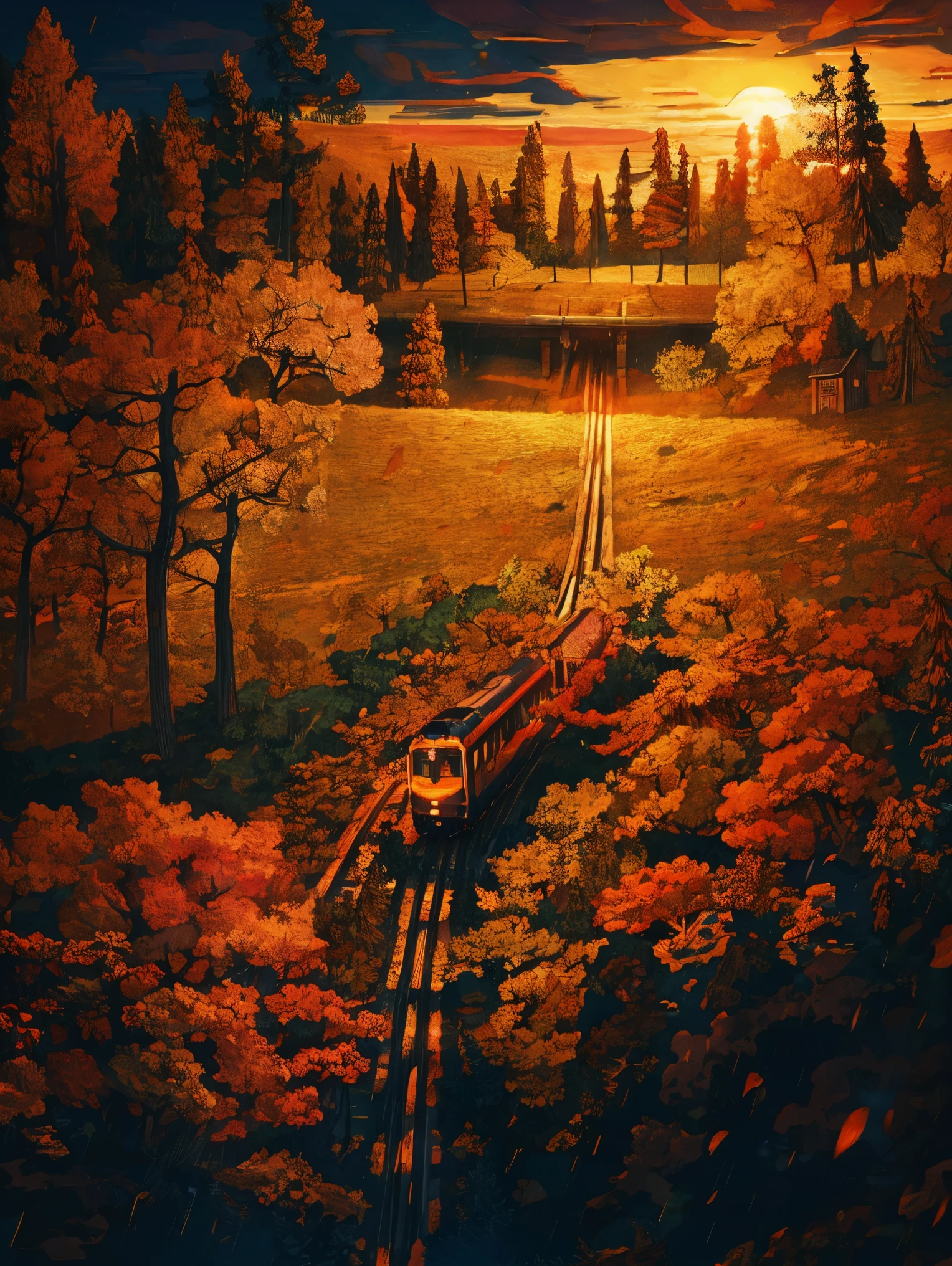 A painting of an autumn landscape, autumn trees and dead trees, dead leaves blowing, perspective view of train tracks, evening light, dark sky.