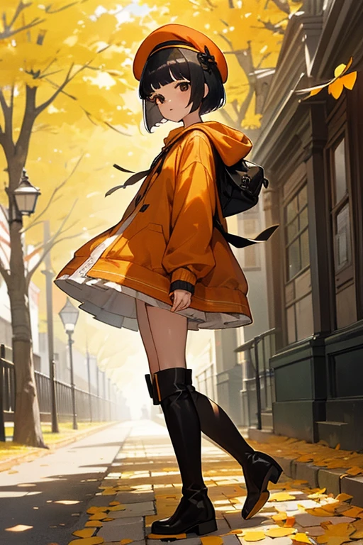 Gingko streetscape of fallen leaves, very delicate and beautiful girl, full body esbian, look straight, Walking motion, 18-year-old, short hair, bob cut, bangs, black hair, shiny hair,  black eye, bright skin, beret, hoodie, checked skirt, Knee-high boots, Orange clothes, super detailed,