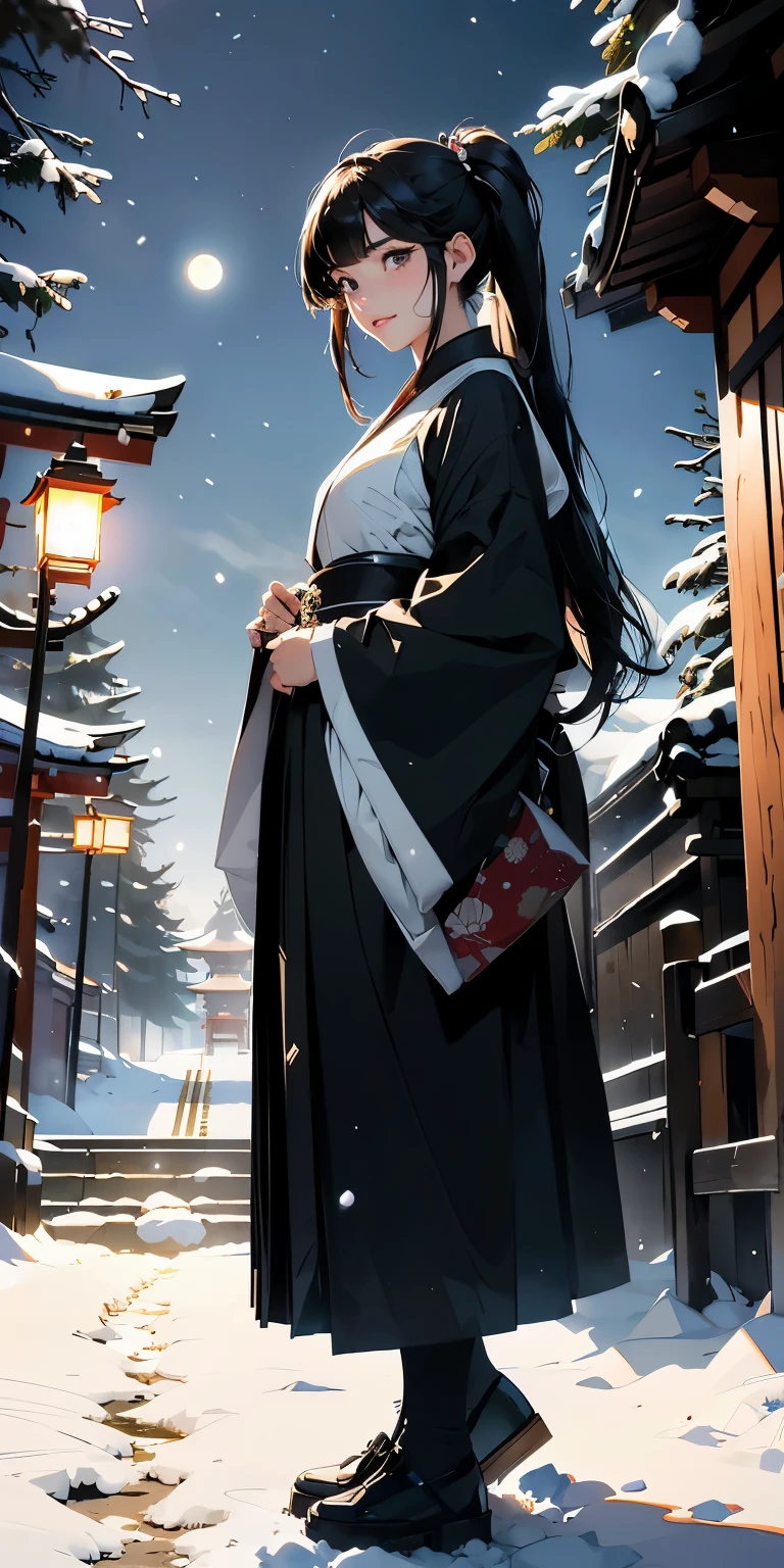 masterpiece、High resolution 8K、NSFW、sharp focus、contrast lighting、fine skin、 ultra high resolution、ultra high resolution、Detailed CG、snow scene at night、moon、moon flare、lanthanum、石のlanthanum、that'that'It's snowing、Former shrine of Japan、temple、Scenery with the main shrine torii gate - Angle、Go down the long stone steps through the pine trees、full body shot、Beautiful woman、beautiful eyes、(detailed face and iace:1 2)、narrow eyes、almond eye、brown eyes、gradation eye、highlight:1.2)、(beautiful black hair、middle、asymmetrical bangs、twin tails)、(japanese shrine maiden costume、Red and White Priestess Costume)、(plump lips、glossy lips、small chest size) 、(oval face : 1.4)、(thin fingered arms、detailed human hand)、half-open smile、teeth visible、long shot