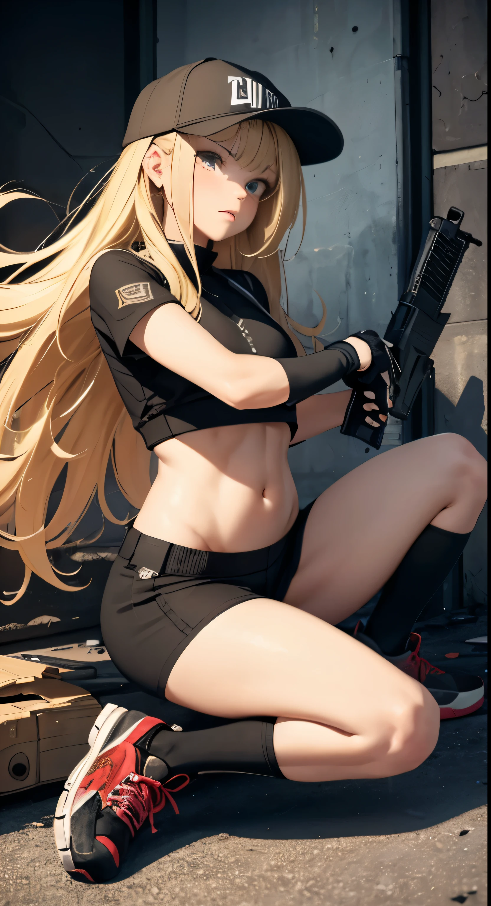 masterpiece,female,bulletproof vest,tactical,brown leggings,long straight hair,(scary:1.4),(disorder:1.5),(flushing:1.2),squeezing the man's groin