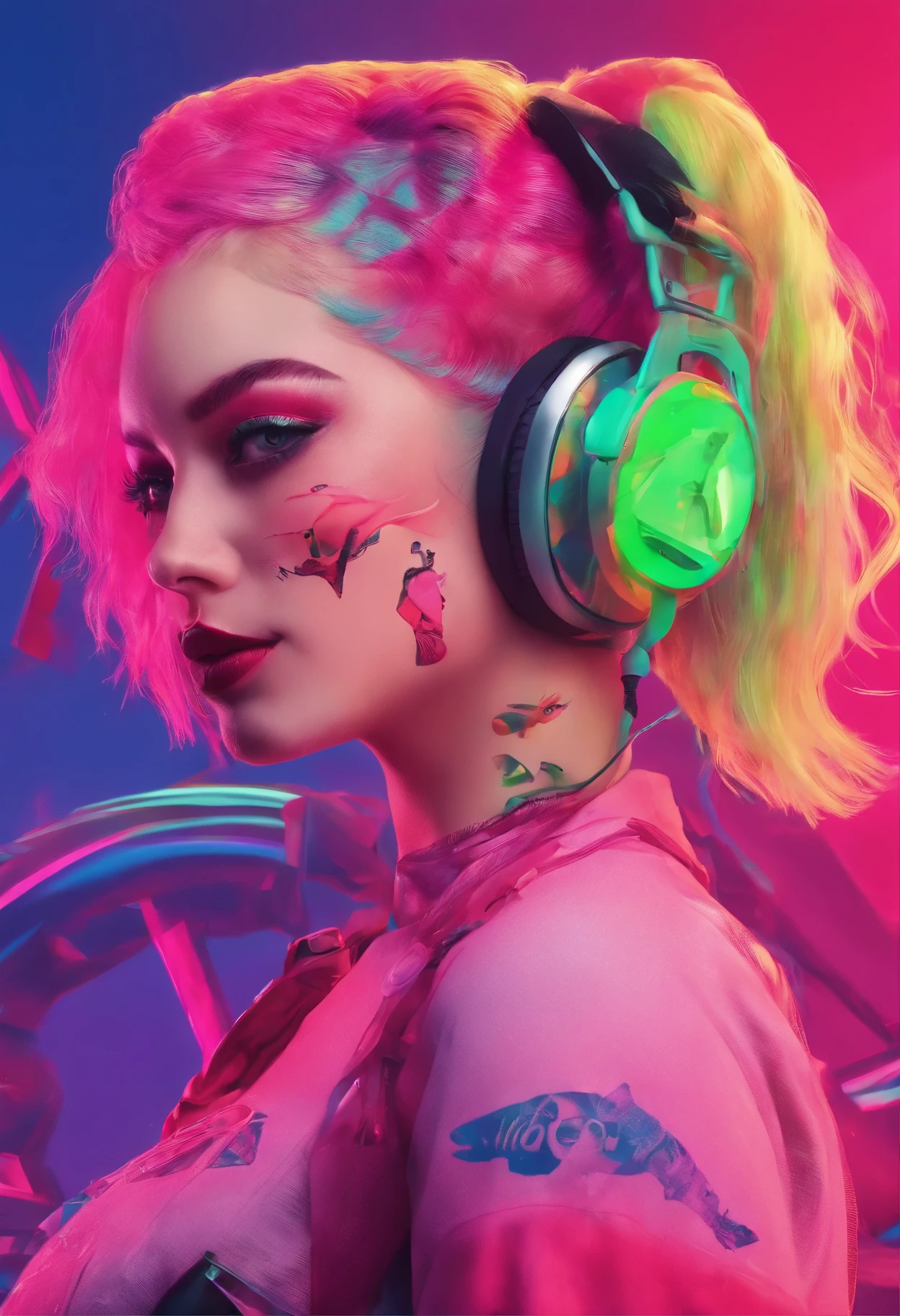 close-up of a woman with a shark on her head, Harley Quinn, портрет Harley Quinn, Colorful camera work, Scary 4K color graphics, artist Julie Bell Beeple, Artist Alessandro Pautasso, Harley Quinn, author Galen Dara, Martin Ten, artistic portrait of Martin Ten, Harley Quinn