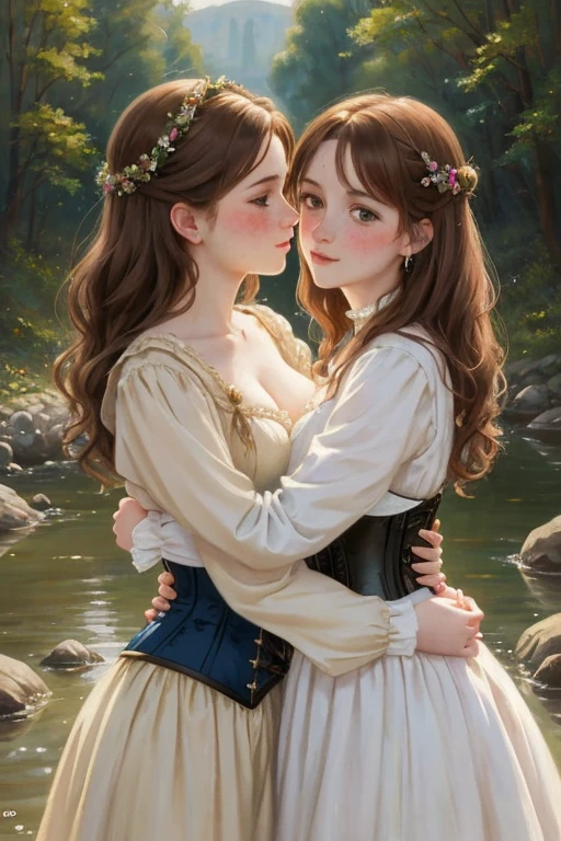 Beautiful women, short wavy brown hair, rough pale skin, freckles. Goddess, fancy dress, corset, long puffy sleeves, heroine, blushing, two girls kissing, hugging, best quality, oil painting, painting, classical painting, River, outside