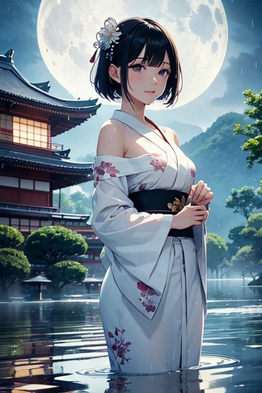 Young woman, Beautiful shape, Very delicate and beautiful eyes., big moon, rain, Standing in ankle-deep water, reflection, wet clothes, black hair, short hair, smooth, wet hair, very detailed, hair accessories, Japanese clothes, Yukata, White Kimono, translucent, Floral, off shoulder, chest, wet, lamp, nighttime, outdoor, rain, mountain, clouds, lamp, nighttime sky, tree, Huge details, CG, movie light, Detailed background, East Asian Architecture