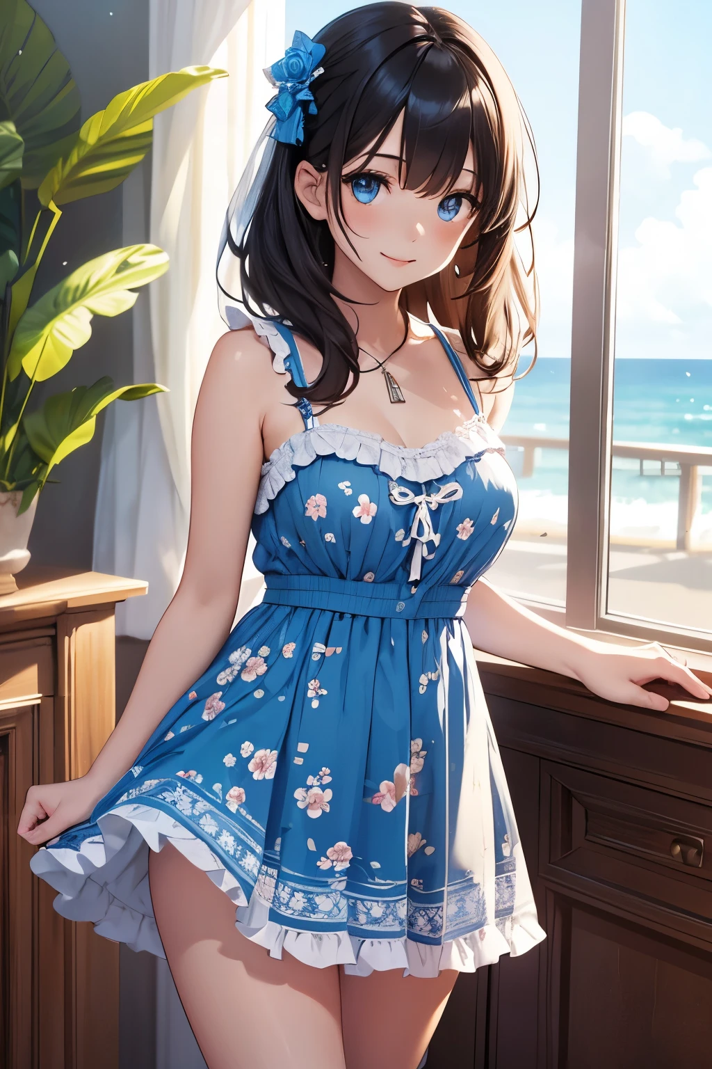 very cute and beautiful girl standing near window,(floral blue summer dress with detailed frills),sleeveless,(skirt lift,white panties), (highly detailed beautiful face and eyes:1.2),antique hotel bedroom with outside view,distant trees and ocean, cowboy shot,smile,blush,medium hair,black hair,dynamic angle,(best quality,masterpiece:1.2),(intricate details), extremely detailed,highres,solo,natural lighting,light particles,beautiful detailed sky,