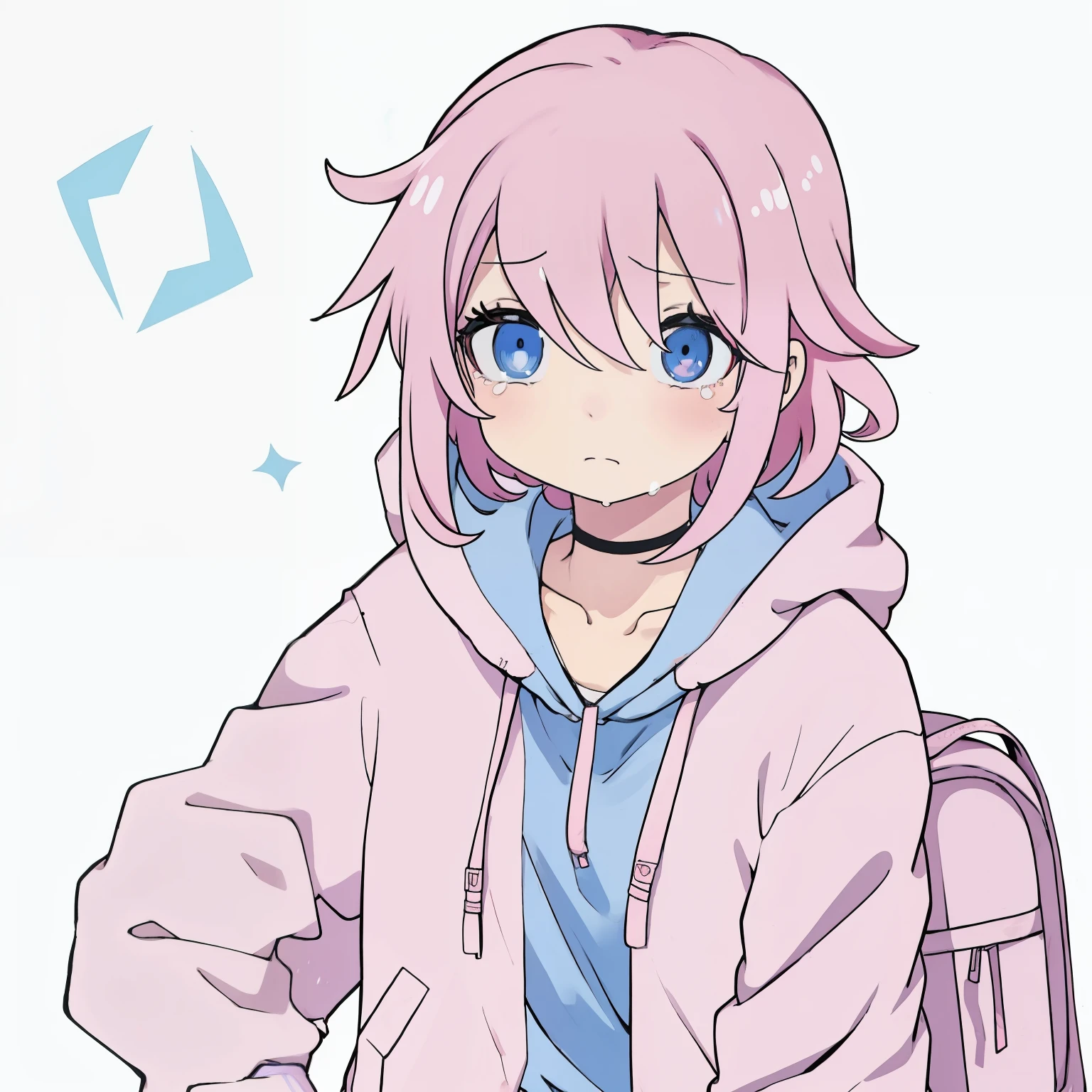 anime girl, short pink hair, blue eyes , pink hoodie, choker, using a phone, crying, white background, backpack