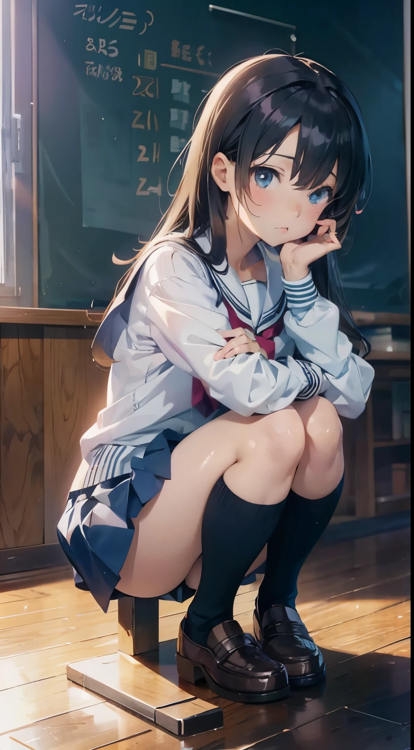 Anime girl sitting at classroom desk with blackboard, beautiful anime high school girl, Cute anime girl, White panties,Cute  girl s, Seductive Anime Girl, anime moe art style, beautiful anime girl squatting, Anime Best Girl, Smooth Anime CG Art, charming anime girls, Cotton panties,a hyperrealistic schoolgirl, young anime girl