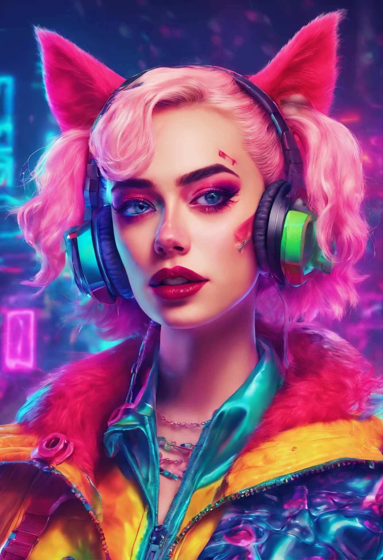 close-up of a woman with a cat on her head, Harley Quinn, портрет Harley Quinn, Colorful camera work, Scary 4K color graphics, artist Julie Bell Beeple, Artist Alessandro Pautasso, Harley Quinn, author Galen Dara, Martin Ten, artistic portrait of Martin Ten, Harley Quinn