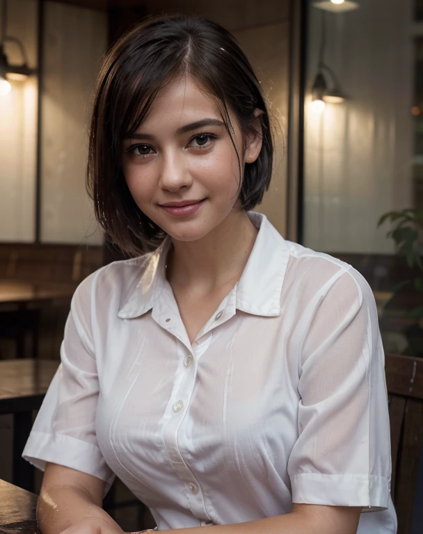 (8k, Best Quality, Masterpiece: 1.2), (Realistic, Photorealistic: 1.37), Super Detailed, 1 Girl, Cute, Alone, Beautiful Detailed Sky, Detailed Cafe, Night, Sitting, Date, ( Nose blush), (smile: 1.15), (close mouth) small breasts, beautiful details, (collared shirt: 1.1), night, wet, business wear, rain, white lace, (short hair: 1.2), floating Hair NovaFrogStyle,