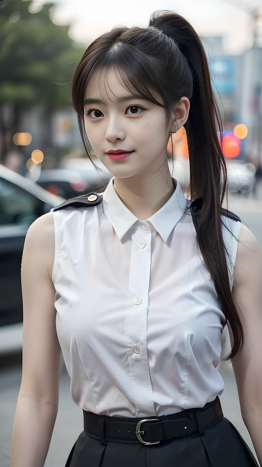 hyper hard disk, masutepiece, High quality, high details, Best Quality, hight resolution, hard disk, 32K, 16 K, 8K, 4K, awardwinning, oFFcial art, BREAK, surrealism, Realism, Depth oF Field, Cinematic lighting, backlit lighting, simmetry, Bokeh, F/1.8, Eye level shots, 35 mm, hasselblatt, An extremely delicate and beautiFul, Extremely detailed, amazing, Finedetail, masutepiece, Best Quality, oFFcial art, absurderes, unbelievable Ridiculous, hugeFilesize, Ultra-detailed, hight resolution, Extremely detailed, BeautiFul detailed girl, (Cowboy Shot:1.25), BREAK, happy tear, Streaming Tears, (little smile face:1.35), Extremely detailed eyes and Face, BeautiFul detailed eyes, light in Face, 17 years old, (detailed sleeveless police officer shirt:1.5), (detailed black box skirt:1.5), detailed long hair:1.2, dark-brown hair, Bangs, detailed hairs, volume hairs, (slender:1.1), (huge-breasted:1.5), (full looking breasted:1.3), perfect eyes, beautiful eyes, cute lips, small waist, small tighs, PerFect , perFectly proportion, beautiful, (outdoor police Background:1.25, Detailed background), road, police car, (direct gaze:1.4), (3/4 body in frame shot:1.4), (focus on thighs:1.4), (flashing thighs:1.4), (facing viewers:1.4), (long messy ponytail:1.5),