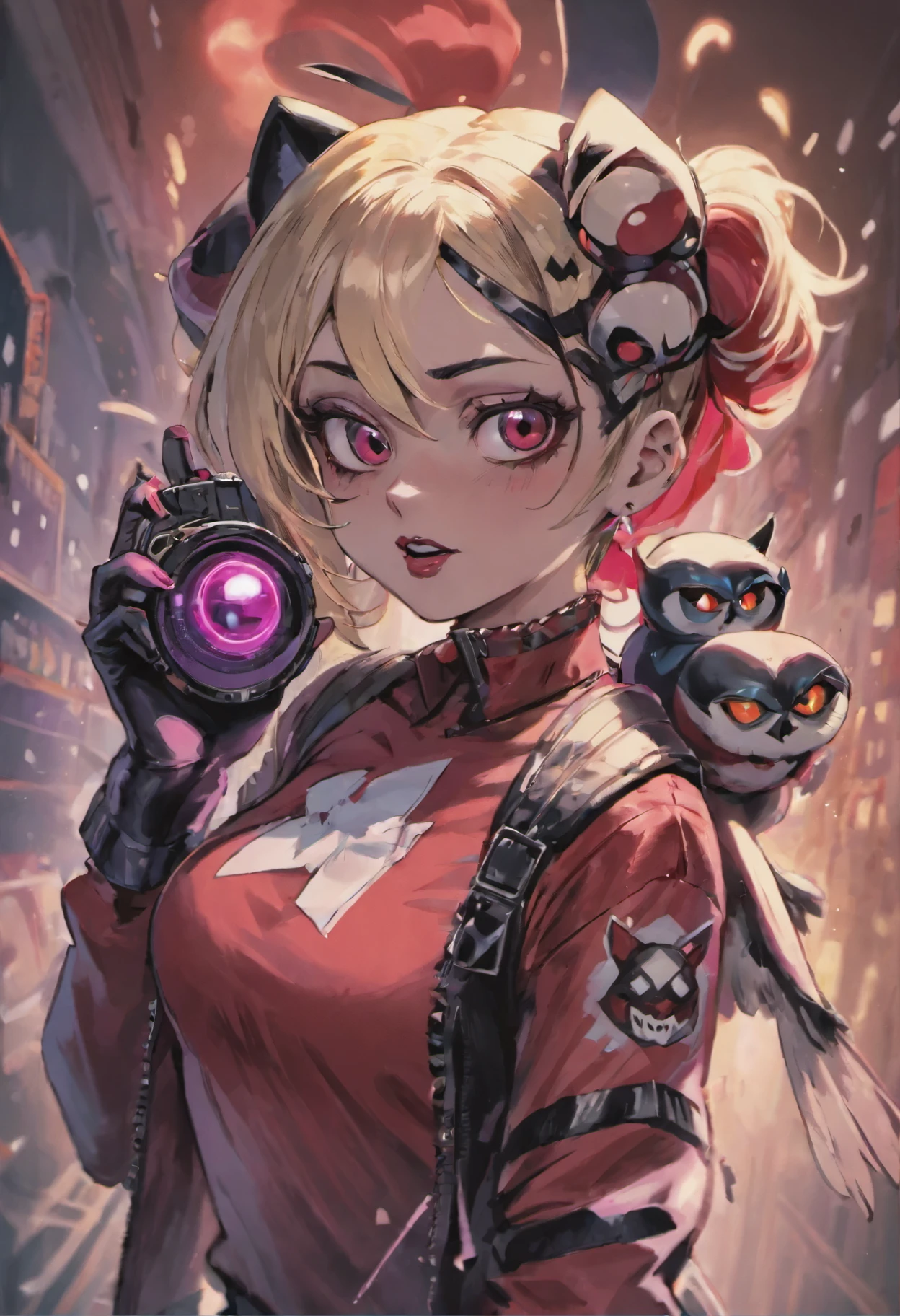 close-up of a woman with an owl on her head, Harley Quinn, портрет Harley Quinn, Colorful camera work, Scary 4K color graphics, artist Julie Bell Beeple, Artist Alessandro Pautasso, Harley Quinn, author Galen Dara, Martin Ten, artistic portrait of Martin Ten, Harley Quinn
