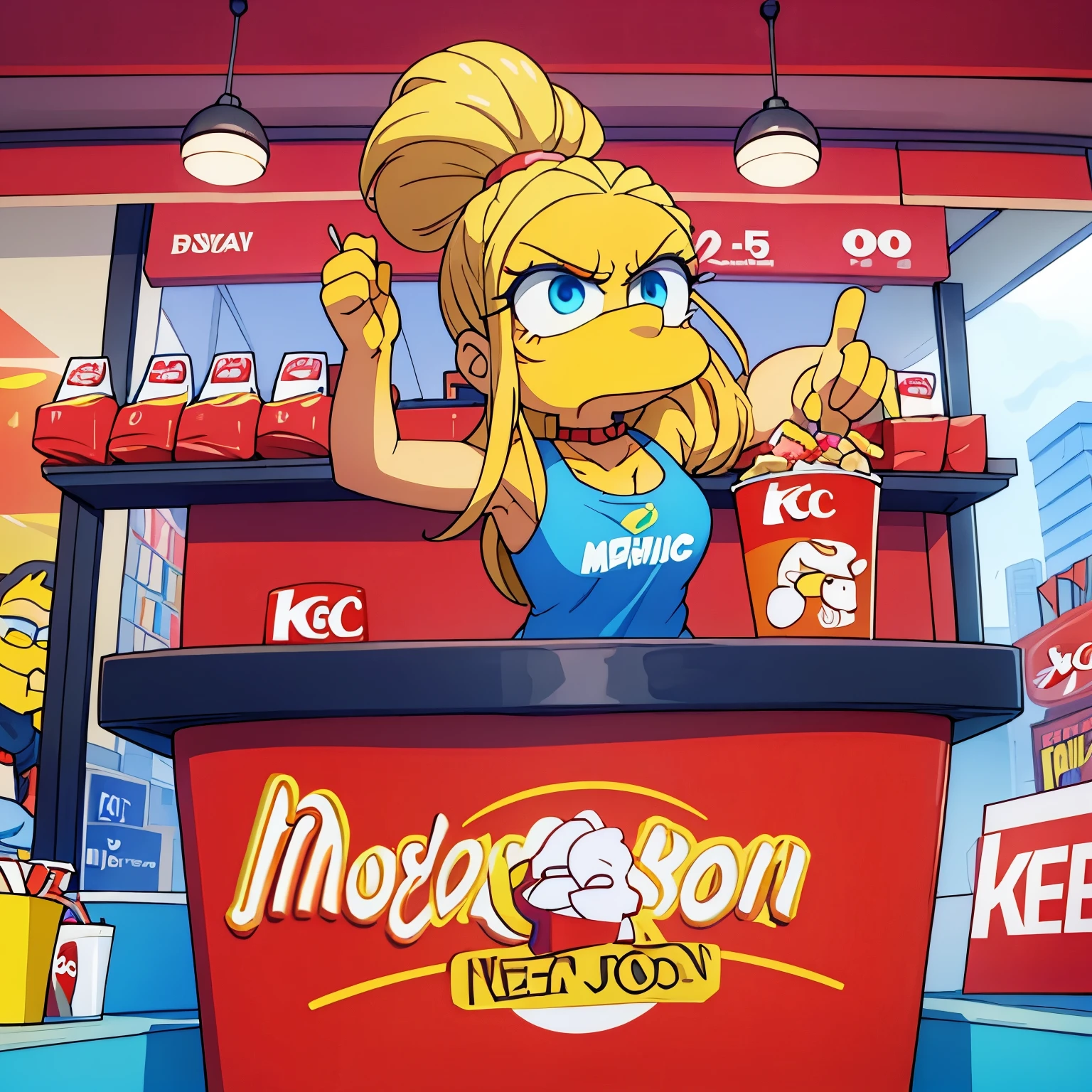 March de los Simpsons delgada con un cuerpo de moledo trabajando en KFC de cajera de estacionamiento mientras le pagan