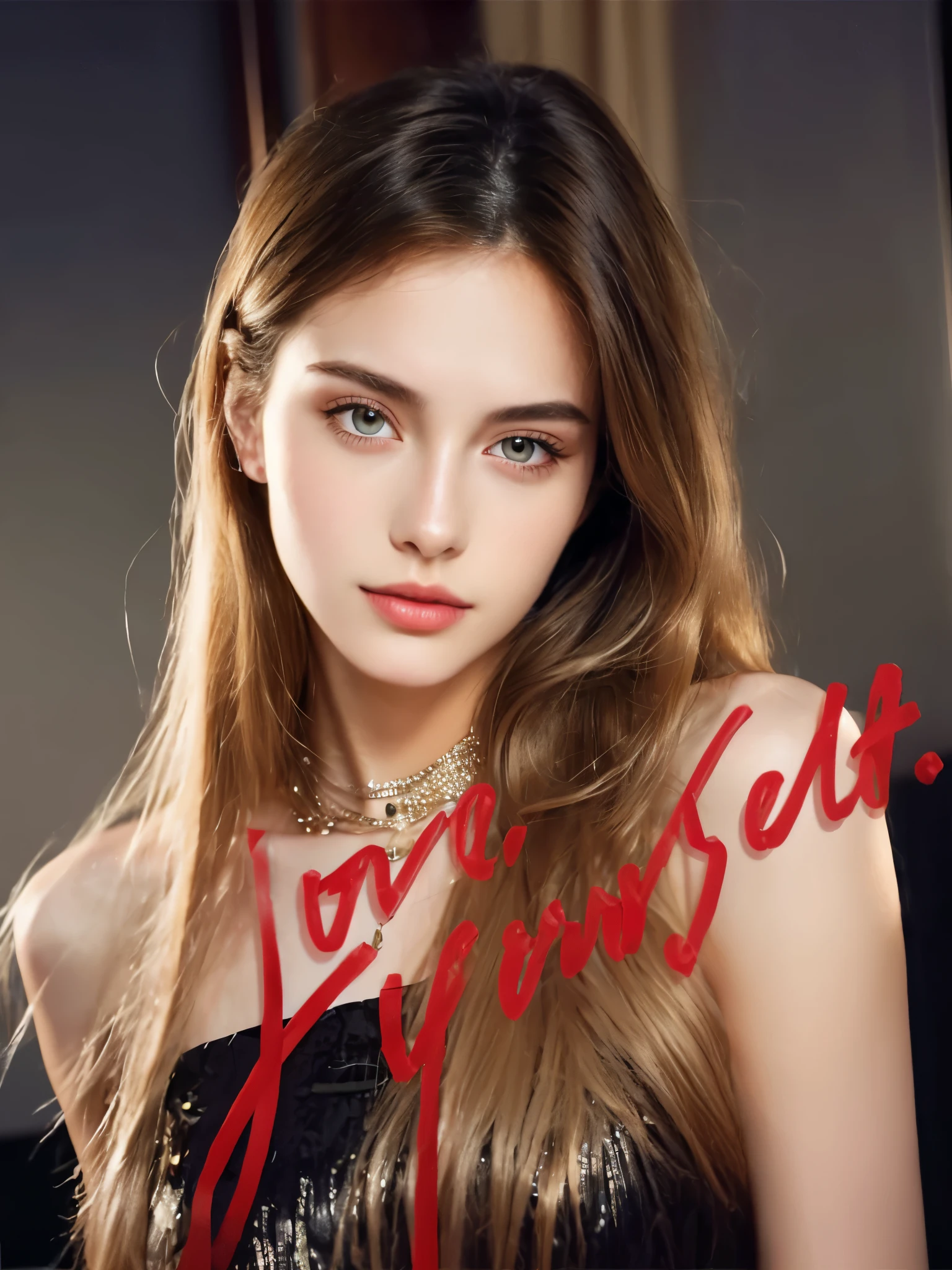 (photo: 1.3) af (realistic: 1.3), Caucasian woman, 1girl, solo, long hair, realistic, looking at viewer, dress, blonde hair, brown eyes, upper body, bare shoulders, brown hair, necklace, jewelry, lips, closed mouth, black dress