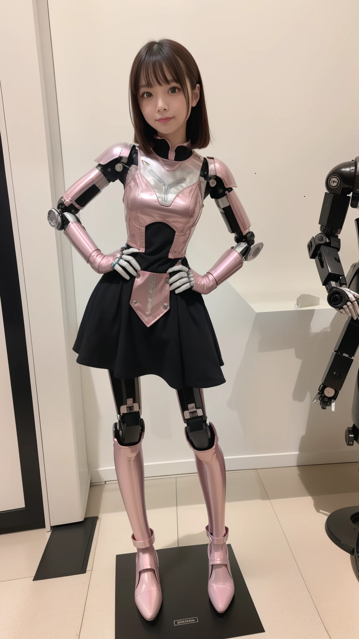 Robot Girl, pink there, Silver, Metallic body, Robot Parts, Metal Parts, Super Detailed Face, Super well-formed face, of the highest quality, a small face, small head, Brown hair, Slender body, Camera gaze, Internal Mechanical Exposure, Idol, front facing, Well-proportioned body, sale, exhibition,  Hall, Moe Pose, pink metallic maid Dress Machine Armor, Standing with legs open, Model body type, sad, Embarrassing,(Perfect Robot Girl),(Perfect machine body)