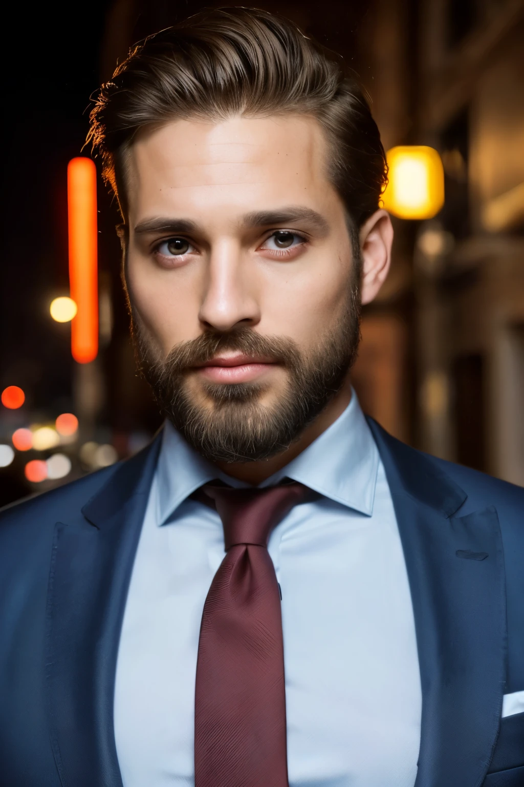 Beautiful and chamed man, 35 years old, waering a suit, smart, hot, goddess, beard, full lips, beautiful mid-light-brown hair, strong, brown eyes, gel in his hair, hyper realistic, masterpiece, (( super detailed, photorealistic ,8k)), wearing a marine blue tie, demonstrating success and intelligence, in front of camera, loking to the center of the cam (highlight on his eyes), and serious and rud expression with a provocative face, walking on luminous night in a cyberpunk street.