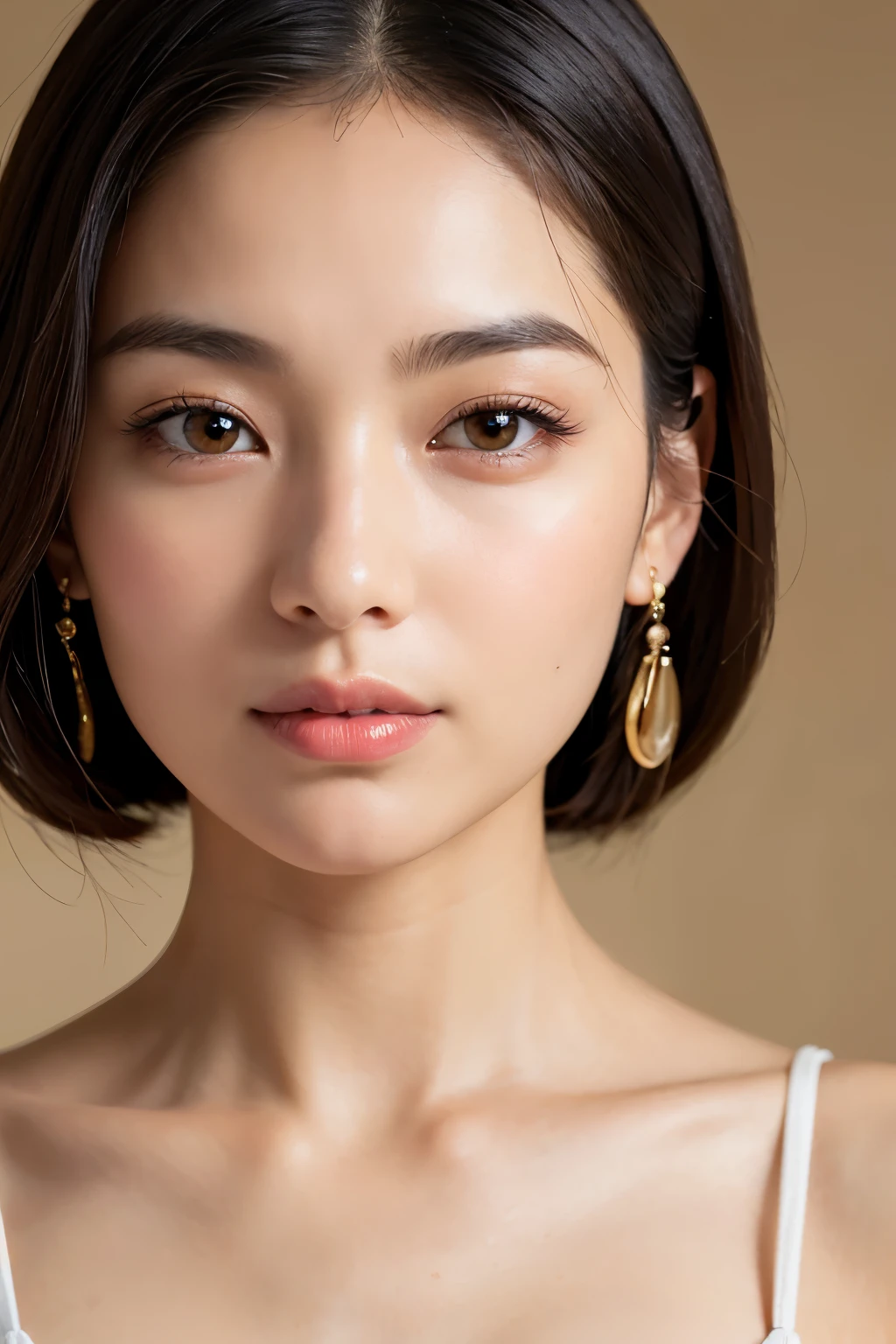 ((最高品質)), ((傑作)), (詳しい), Create a photorealistic digital portrait of a Japanese woman. She has a graceful oval face with a gentle jawline and delicate high cheekbones. Her complexion is smooth with a subtle, natural glow. She possesses large, expressive eyes with dark, soft lashes and slightly arched, neatly groomed eyebrows. Her nose is petite with a slight roundness at the tip, complementing her soft facial features. Her lips are full and have a gentle, warm hue, slightly parted in a content and serene expression. Her straight, shiny black hair is cut to shoulder length, framing her face perfectly, and she is wearing ornate, dangling earrings. The illustration should reflect her poised and elegant demeanor, with a clear emphasis on her Japanese heritage.