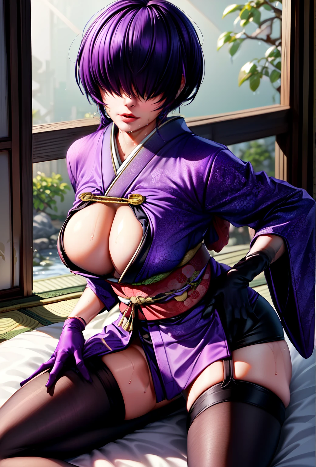 1 mature woman, 32 years old, bright purple hair, bangs, ((hair over eyes)), (((kimono))), ((Stockings)), tattoo below the navel, ((Black long gloves)), Make eye contact with the camera, all-fours, on the Bed, Bedroom, Wet, embarrassed, pussy juice, spread pussy,