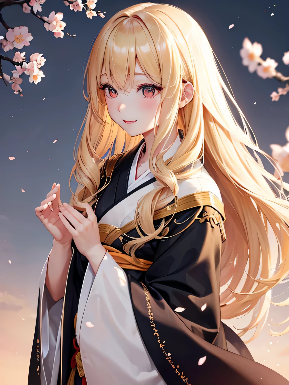 bright blonde hair、long hair、black kimono、confused、beautiful, delicate and detailed orange eyes、beautiful smile with attention to detail、profile、turn around、;d、beautiful, delicate, flowing, fluffy hair、beautiful delicate and detailed hands、very delicate and detailed fingers、close range、alone、Super beautiful illustration、可愛くてbeautiful 、or period、Castle town background in the daytime、Plum blossom