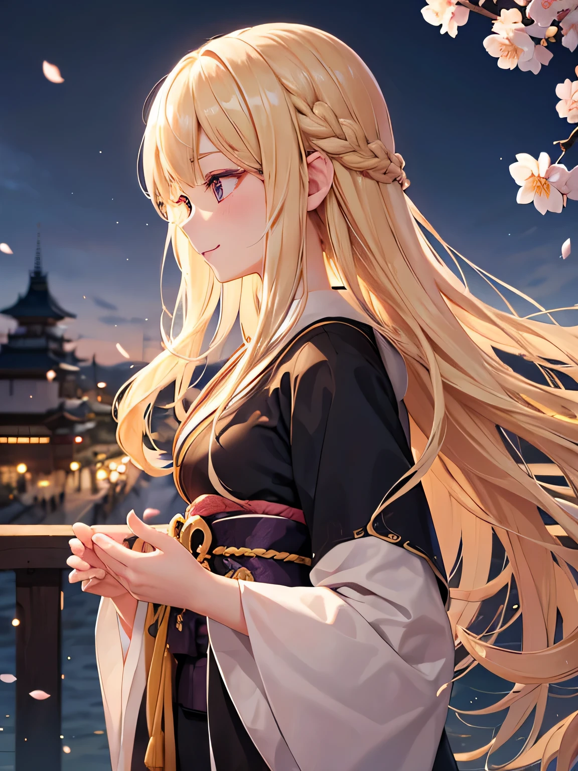 bright blonde hair、long hair、black kimono、confused、beautiful, delicate and detailed orange eyes、beautiful smile with attention to detail、profile、turn around、;d、beautiful, delicate, flowing, fluffy hair、beautiful delicate and detailed hands、very delicate and detailed fingers、close range、alone、Super beautiful illustration、可愛くてbeautiful 、or period、Castle town background in the daytime、Plum blossom