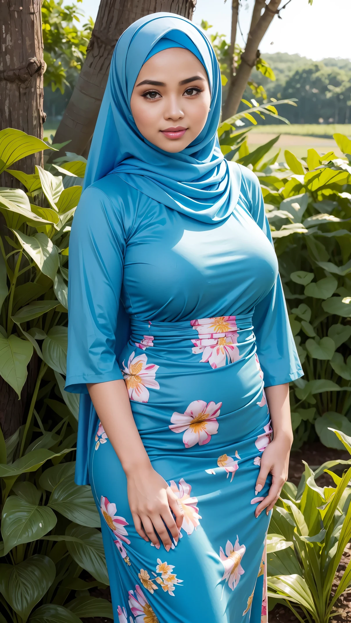RAW, (Best quality, high resolution, work: 1.3), Beautiful Malay woman in hijab, perfect fit body, Big breast,Beautiful big eyes, Soft smile, beautiful face, slightly open mouth, thick thighs, beautiful buttocks, RAW, Best quality, high resolution, masterpiece: 1.3), beautiful Malay woman in hijab, Masterpiece, perfect fit body, big breasts, thick thighs, beautiful big eyes, Soft smile, woman in blue hijab standing on the garden, full body picture, modest!, batik, colourfull,, full body;, wearing a long flowery dress, muslim, potrait