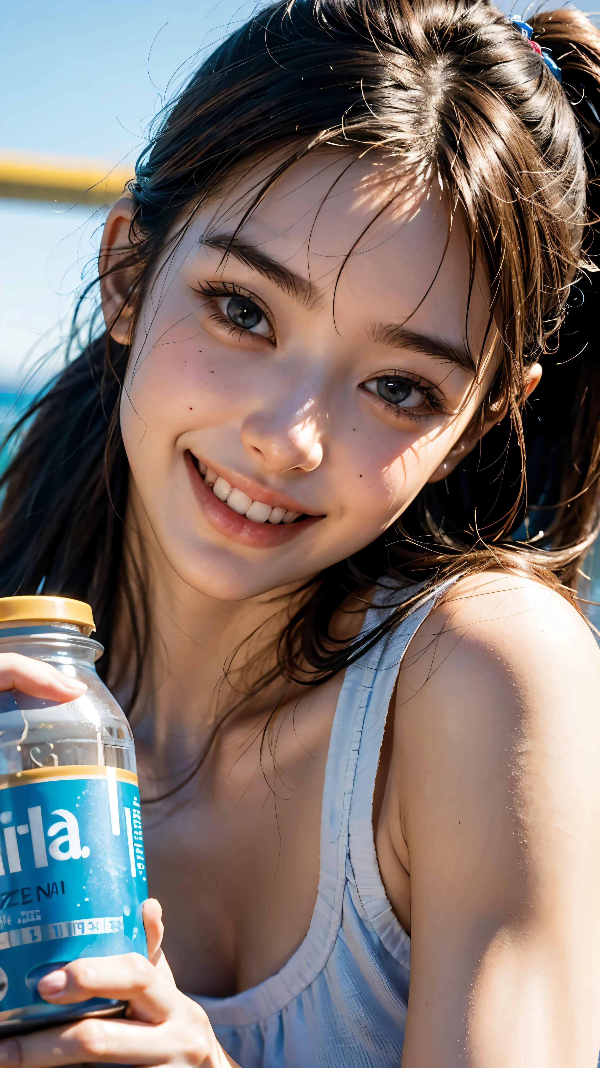 highest quality, masterpiece, ultra high resolution, (realistic:1.4), (close portrait) RAW photo, 1 girl, high school girl, hold a glass, masterpiece, realistic pictures, japanese pictures, fuji negative film, saturation, contrast, Pocari Sweat Advertisement ((small breasts)),((smile showing teeth)),Ponytail and scrunchie,Part-time job at Enoshima Aquarium,Dolphin Show,Zookeeper,