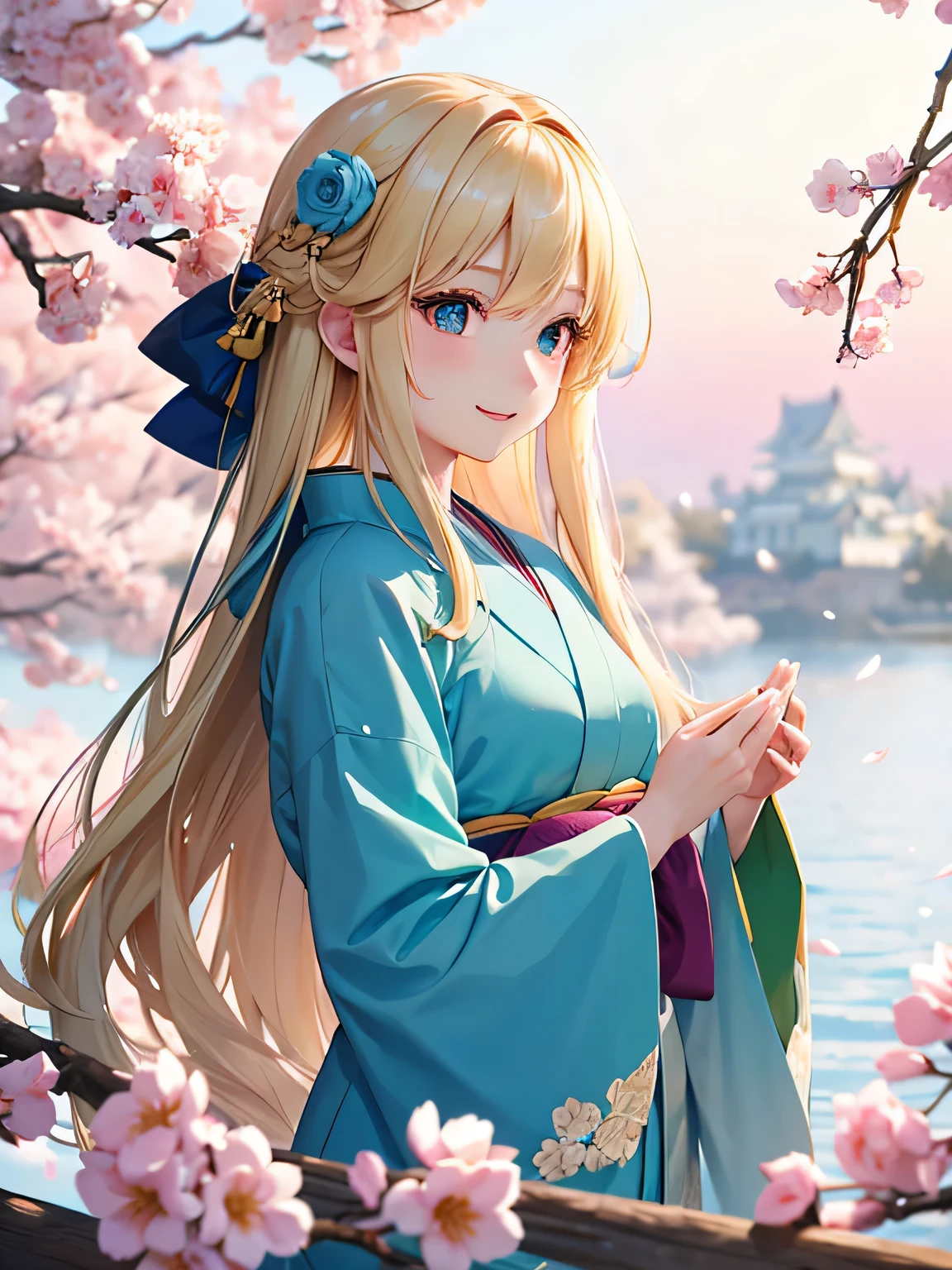 bright blonde hair、long hair、blue kimono、confused、beautiful, delicate and detailed green eyes、beautiful smile with attention to detail、profile、turn around、;d、beautiful, delicate, flowing, fluffy hair、beautiful delicate and detailed hands、very delicate and detailed fingers、close range、alone、Super beautiful illustration、可愛くてbeautiful 、or period、Castle town background in the daytime、Plum blossom