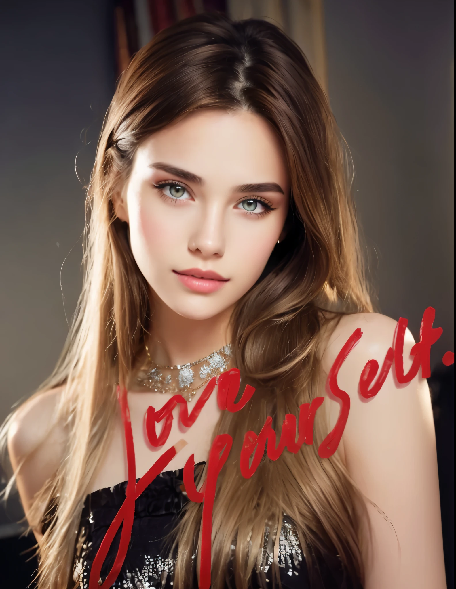 1girl, solo, long hair, realistic, looking at viewer, dress, blonde hair, brown eyes, upper body, bare shoulders, ((brown hair:1.3)), necklace, jewelry, lips, closed mouth, black dress