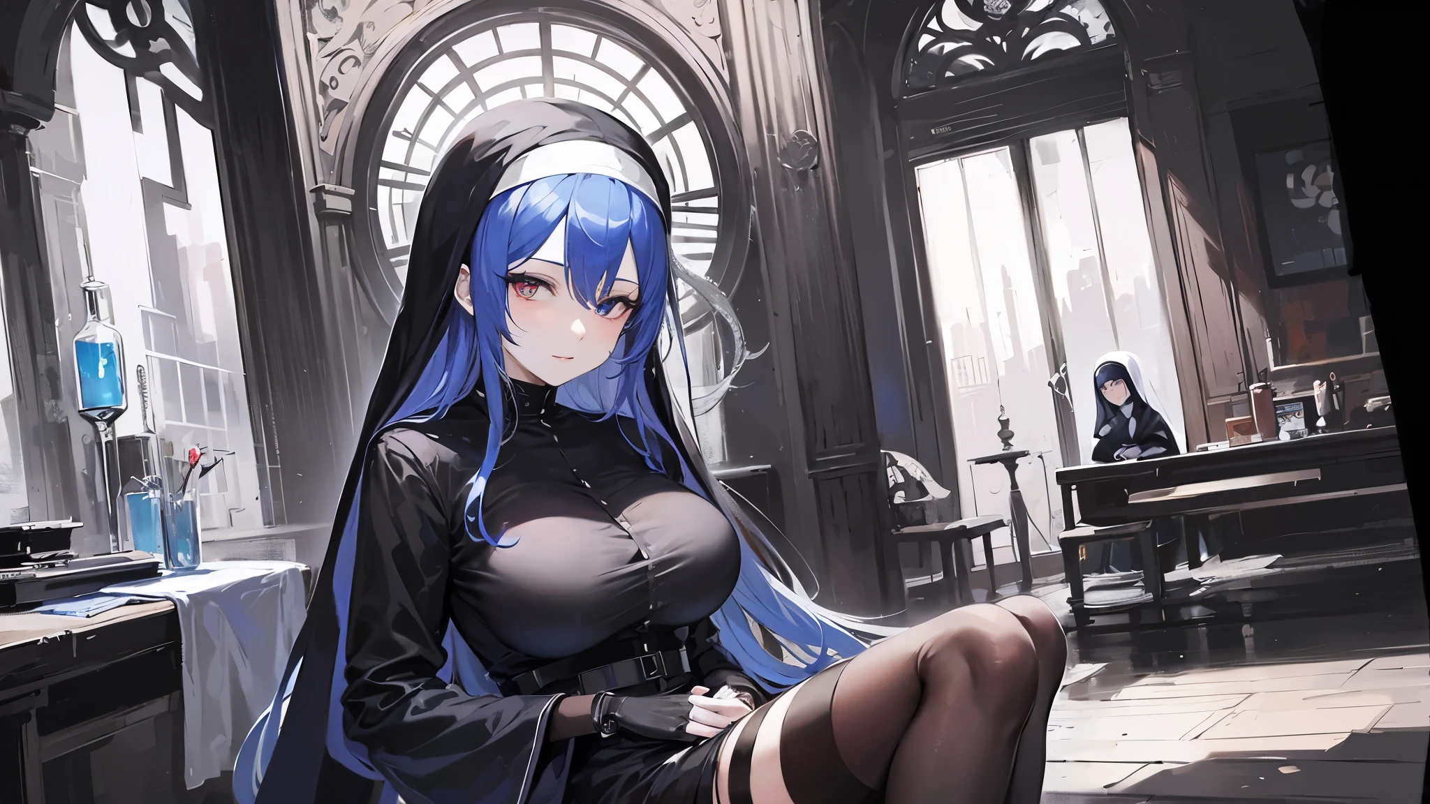 masterpiece, high definition, anime - style image of a blue haired woman in a black nun outfit, elegant nun girl, utopia, mature and lady, smug face, from girls frontline, artwork in the style of guweiz, , background art, lighting