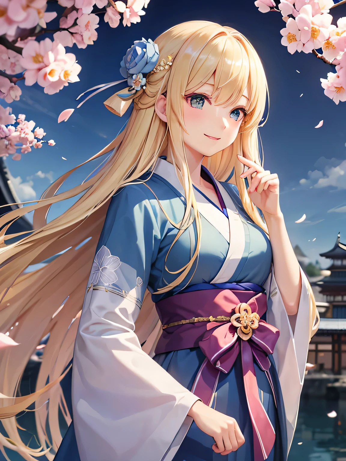 bright blonde hair、long hair、blue kimono、confused、beautiful, delicate and detailed green eyes、beautiful smile with attention to detail、profile、turn around、;d、beautiful, delicate, flowing, fluffy hair、beautiful delicate and detailed hands、very delicate and detailed fingers、close range、alone、Super beautiful illustration、可愛くてbeautiful 、or period、Castle town background in the daytime、Plum blossom