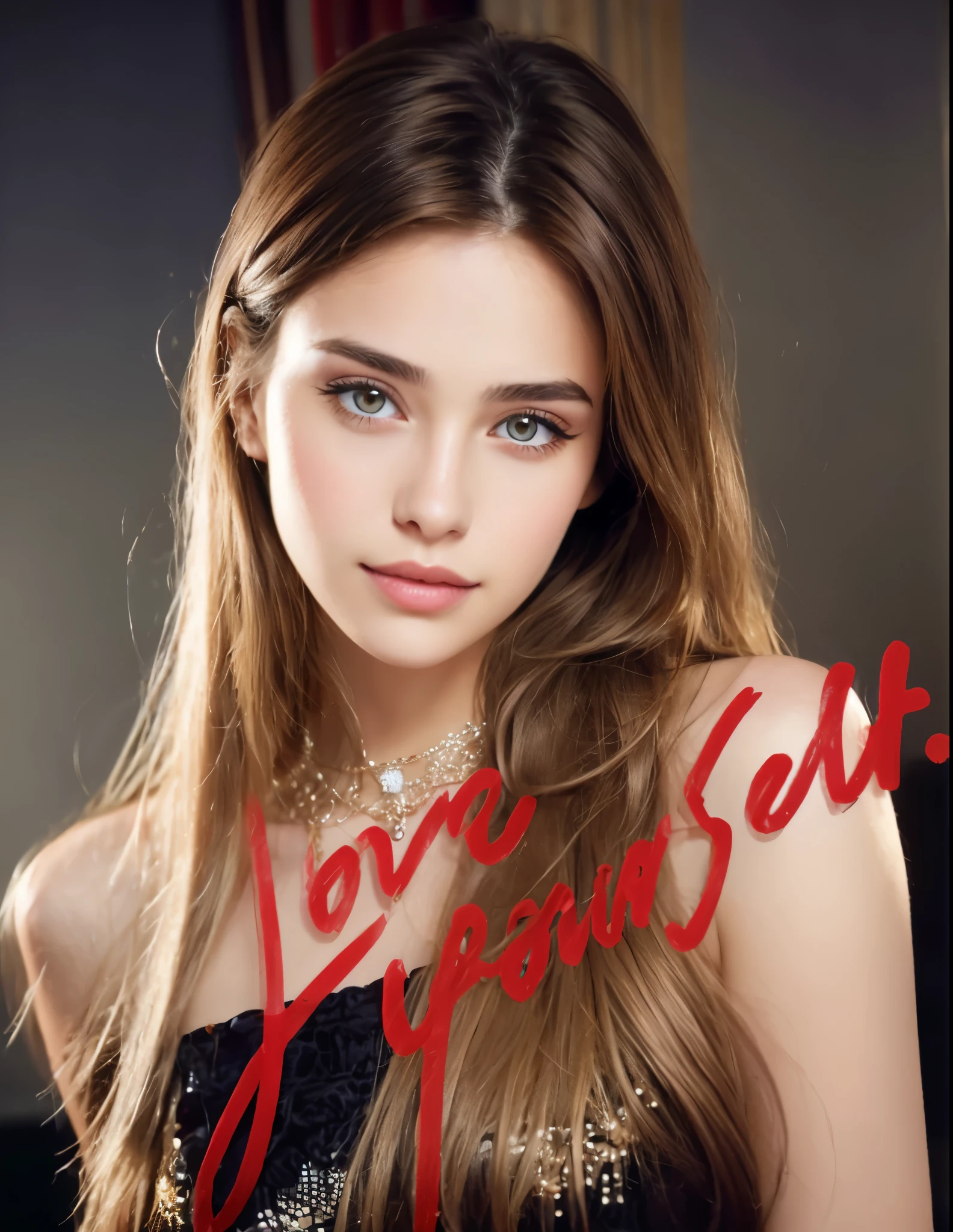 1girl, solo, long hair, realistic, looking at viewer, dress, blonde hair, brown eyes, upper body, bare shoulders, ((brown hair:1.3)), necklace, jewelry, lips, closed mouth, black dress
