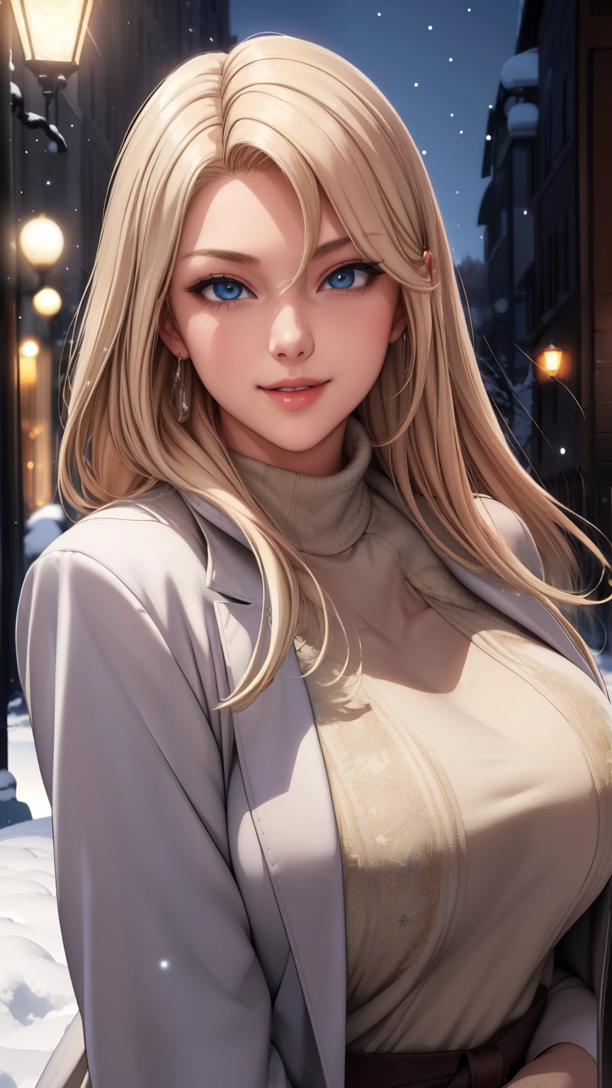 (masterpiece), (best quality), 1girl, (perfect face:1.2), (beautiful face:1.2), platinum blonde hair, (from under, upper body:1.3), happy, light smile, looking at viewer, pose, 
winter coat, outdoors, winter, snow, night time, intricate, depth of field, cinematic lighting,