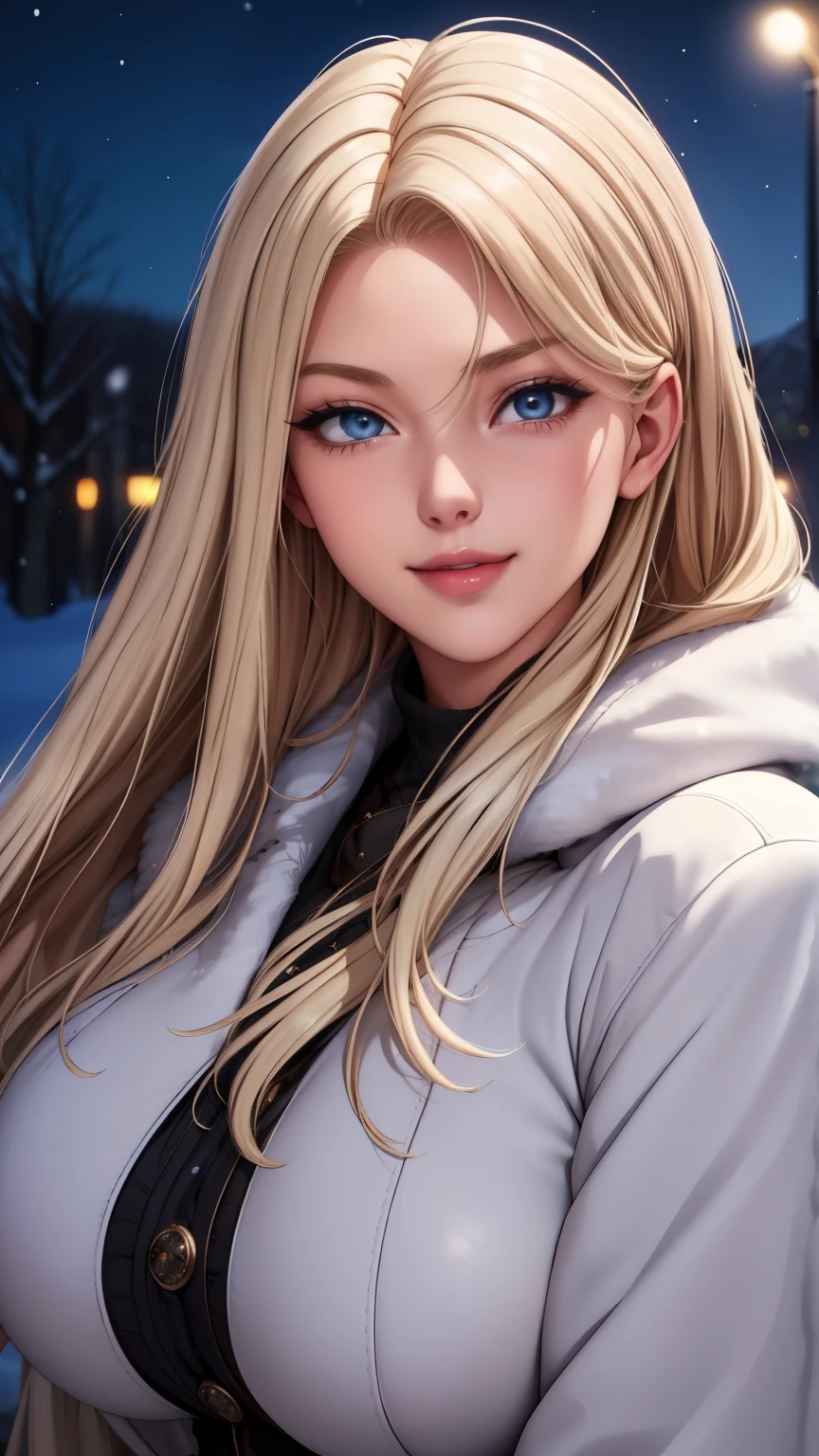 (masterpiece), (best quality), 1girl, (perfect face:1.2), (beautiful face:1.2), platinum blonde hair, (from under, upper body:1.3), happy, light smile, looking at viewer, pose,
winter coat, outdoors, winter, snow, night time, intricate, depth of field, cinematic lighting,