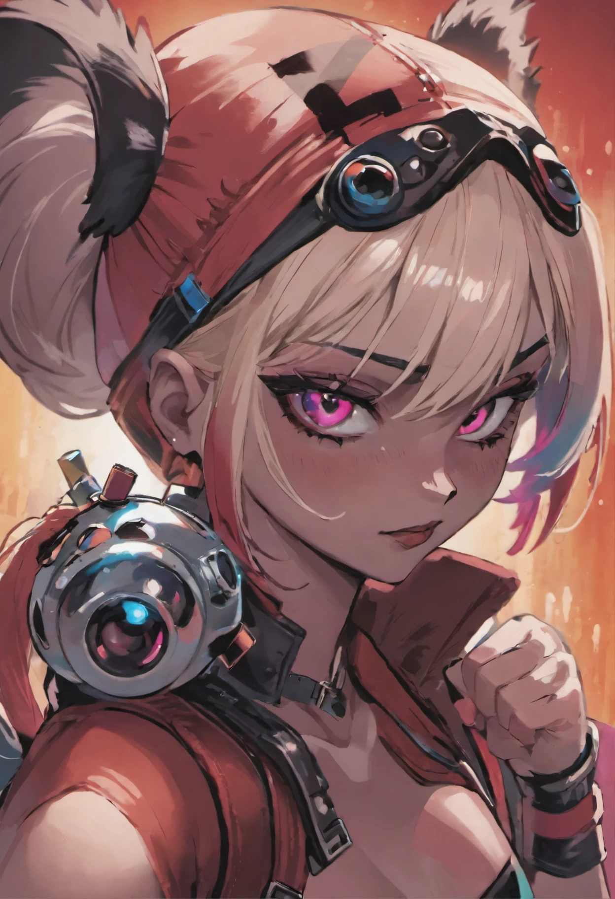 close-up of a woman with a raccoon on her head, Harley Quinn, портрет Harley Quinn, Colorful camera work, Scary 4K color graphics, artist Julie Bell Beeple, Artist Alessandro Pautasso, Harley Quinn, author Galen Dara, Martin Ten, artistic portrait of Martin Ten, Harley Quinn