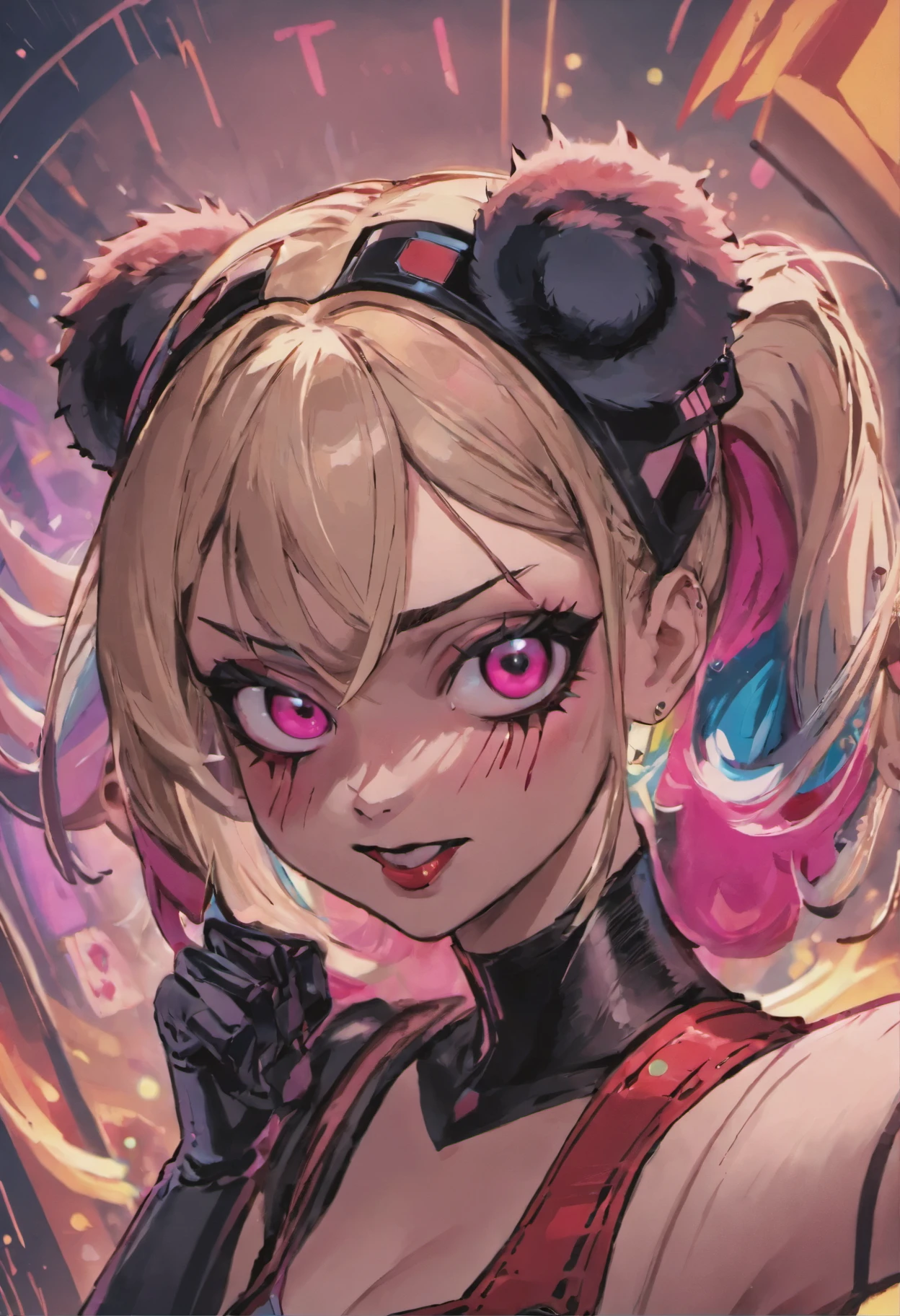 close-up of a woman with a raccoon on her head, Harley Quinn, портрет Harley Quinn, Colorful camera work, Scary 4K color graphics, artist Julie Bell Beeple, Artist Alessandro Pautasso, Harley Quinn, author Galen Dara, Martin Ten, artistic portrait of Martin Ten, Harley Quinn