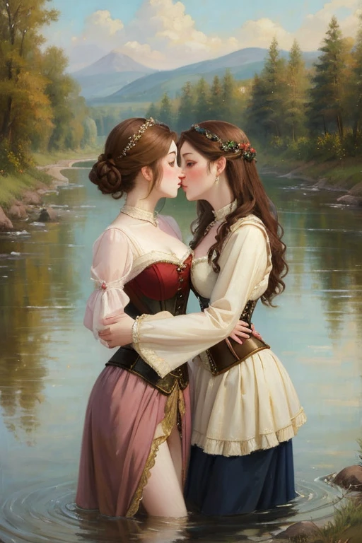 Beautiful women, short wavy brown hair, rough pale skin, freckles. Goddess, fancy dress, corset, long puffy sleeves, heroine, blushing, two girls kissing, hugging, best quality, oil painting, painting, classical painting, River, outside