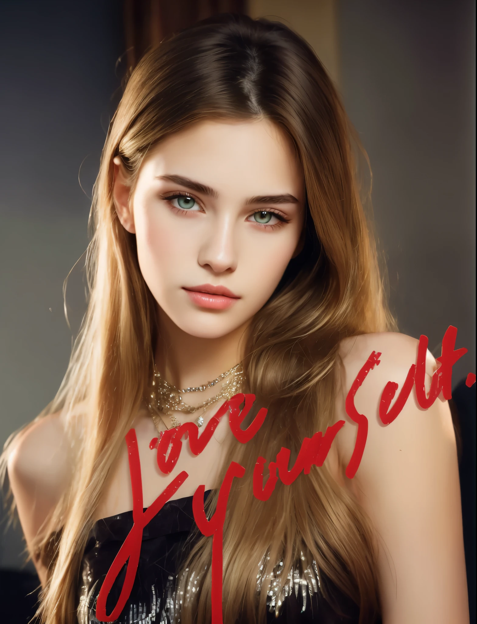 1girl, solo, long hair, realistic, looking at viewer, dress, blonde hair, brown eyes, upper body, bare shoulders, brown hair, necklace, jewelry, lips, closed mouth, black dress