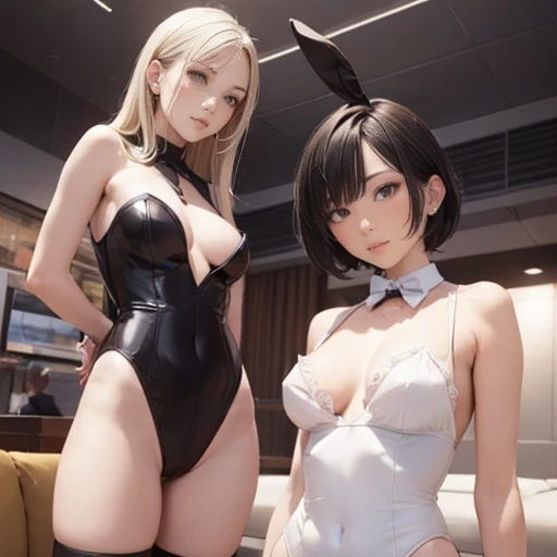 masterpiece, best quality, ultra detailed, beautiful face, beautiful skin, photorealistic, (professional lighting:1.4), 2 girls, breast press, light smile, (((on the left is small breasts girl with short black hair))), (((a little further away on the right is large breasts girl with long blonde hair))), (playboy bunny:1.4), pearl necklace, (erect nipples:1.3), (cameltoe:1.3), looking at viewer, cowboy shot, on sofa