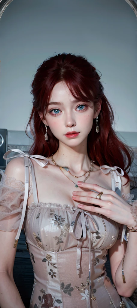 (masterpiece), best quality, Cinema lighting, complex, high detail,red hair,blue eyes,woman