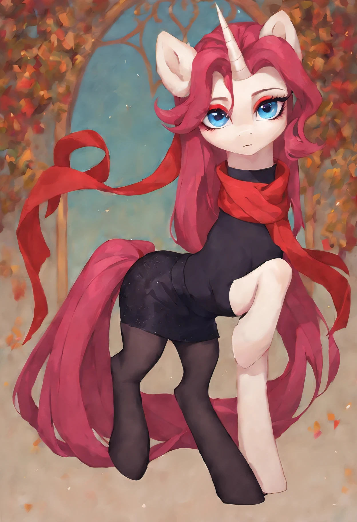 score_9, (unicorn pony, beige fur, long crimson hair, makeup, blue eyes), (black turtleneck, black tights, black skirt, red scarf), full body, (beautiful, detailed hair and fur),