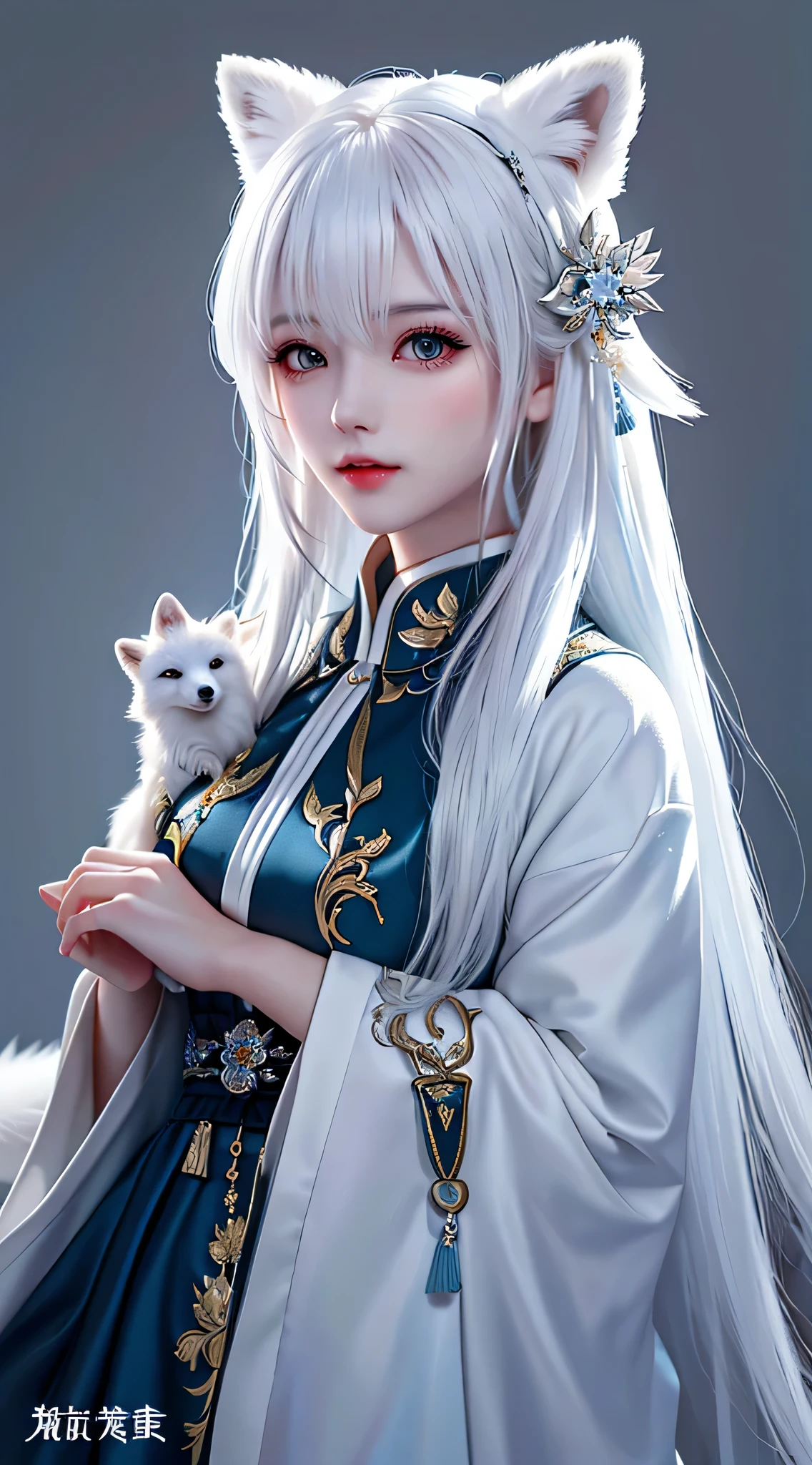 白发arctic fox动漫女孩, Holding a white fur fox in his arms, Beautiful fox girl, Art work style, guweiz, author：Yang Jie, with white hair, 长着white hair, white hair, author：incredible, perfect gray haired girl, beautiful figure painting, white hair girl, arctic fox, Beautiful anime portrait