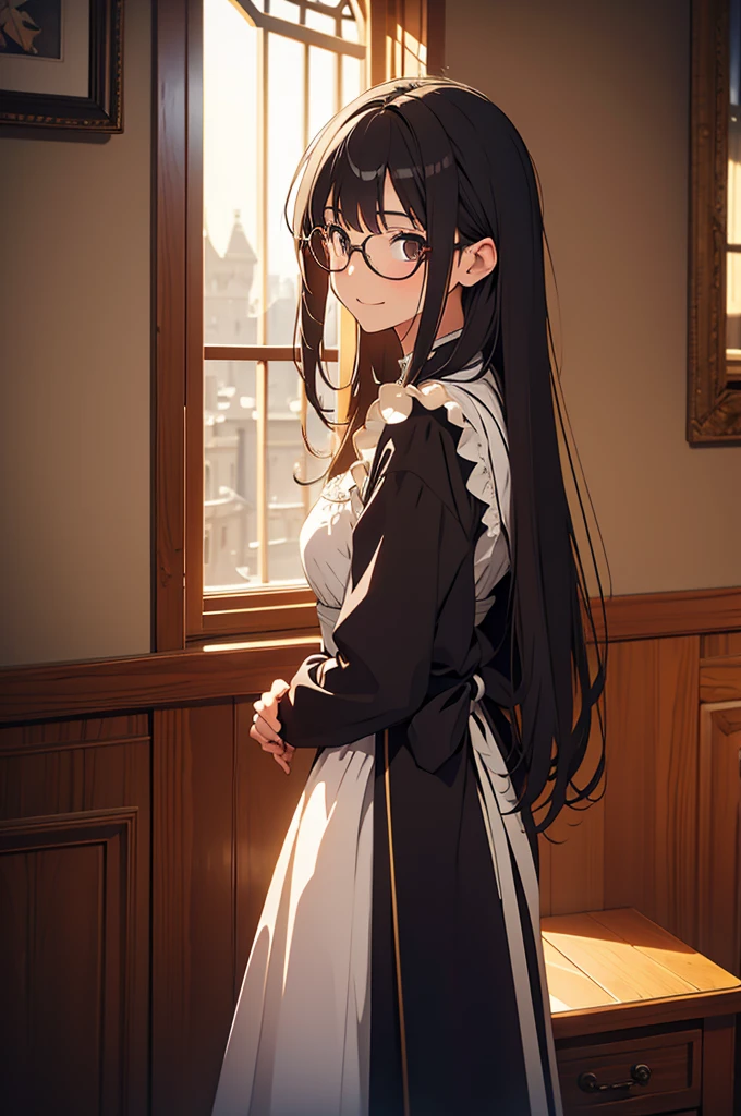 1girl,light smile,very long hair,straight hair,black hair, dark eyes,room,Medieval European House,By the window,Victorian maid costume,sunlight shines through the window,from side,cowboy shot,looking at viewer,calm atmosphere,tall female,glasses,standing,