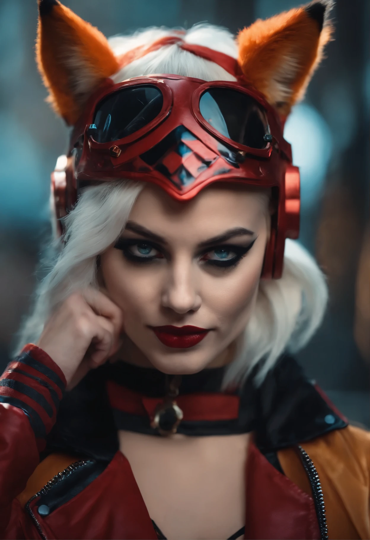 close-up of a woman with a fox on her head, Harley Quinn, портрет Harley Quinn, Colorful camera work, Scary 4K color graphics, artist Julie Bell Beeple, Artist Alessandro Pautasso, Harley Quinn, author Galen Dara, Martin Ten, artistic portrait of Martin Ten, Harley Quinn