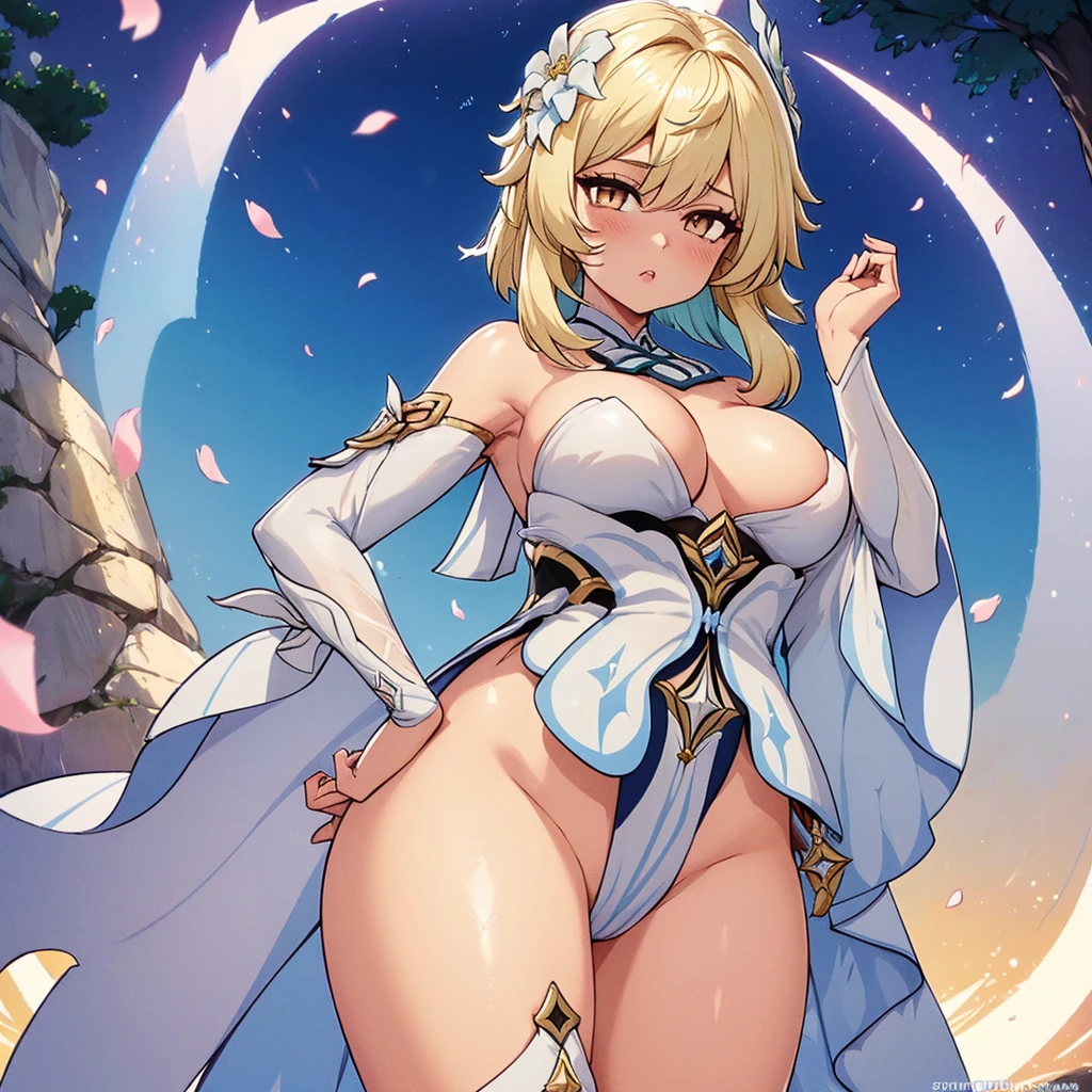 (( 1Girl ))finest image, portrait, beautiful cute woman, amorous expression, lewd expression, ecstasy, orgasm, blonde braided bangs iridescent long hair, gold sparkling big eyes, red alluring moist big thick lips, Showing open clavege, big breasts, slender, perfect proportion, long thin legs, navy blue and white girly ruffle dress, skirt lift, white panty, thighs, background fantasy, a hill with a large tree full of fresh greenery, that emits fantastic light, light particles, light sparkles, petals, scatter gold and silver glitter and confetti, iridescent light particles, detailed and delicate depiction, professional lighting, ((Lumine from genshin impact))