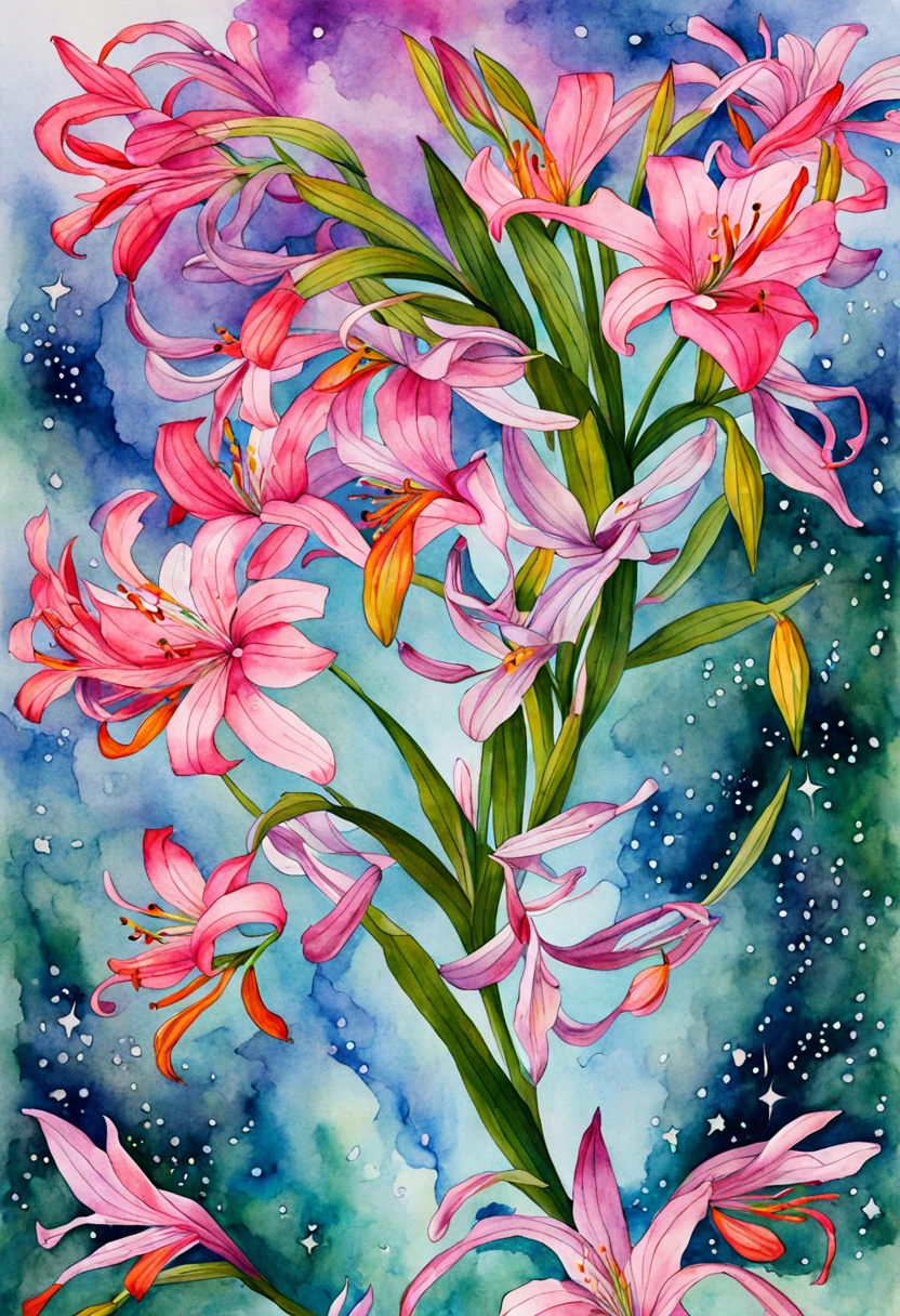 Watercolor Art, Flowers, Watercolor Flowers, multicolored watercolor lilies and nerine fly in the space between the earth and the starry sky and are a smooth transition between space above and dust below, cosmic dust descends down to earth and forms blooming lilies and nerine, cosmic dust in the form of blooming lilies and nerine connects heaven and earth, a lot Lilies and Nerine, watercolor psychedelic art, winner of the international watercolor painting competition