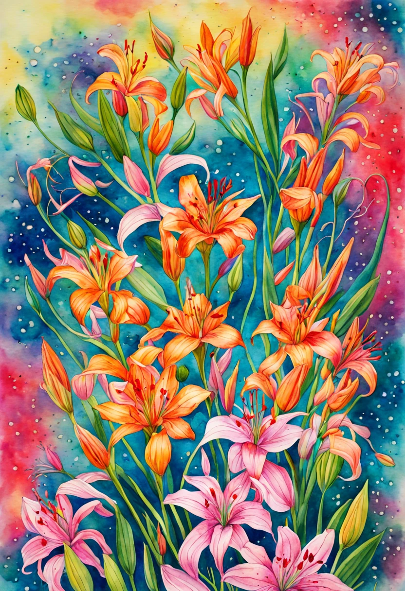 Watercolor Art, Flowers, Watercolor Flowers, multicolored watercolor lilies and nerine fly in the space between the earth and the starry sky and are a smooth transition between space above and dust below, cosmic dust descends down to earth and forms blooming lilies and nerine, cosmic dust in the form of blooming lilies and nerine connects heaven and earth, a lot Lilies and Nerine, watercolor psychedelic art, winner of the international watercolor painting competition