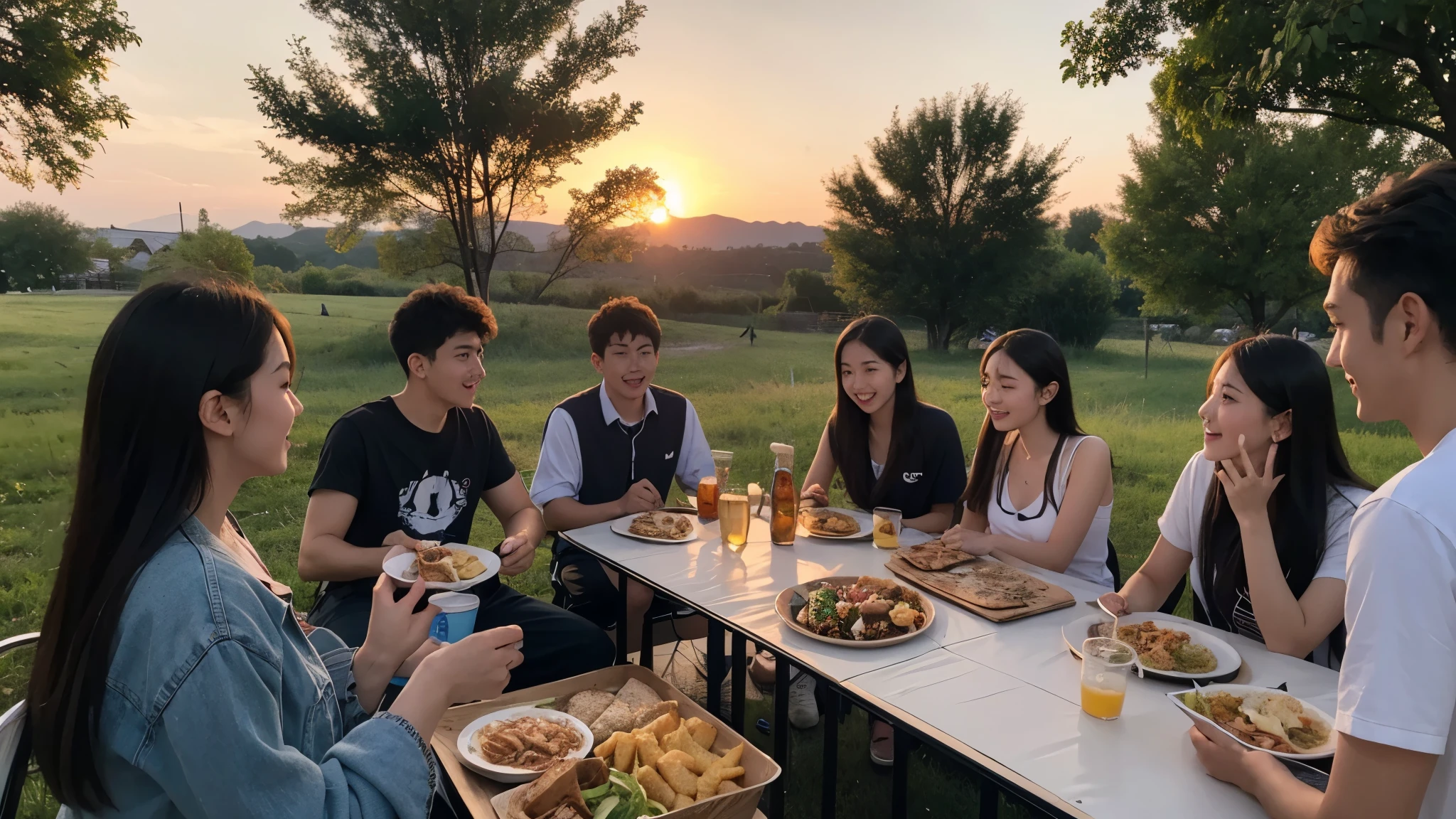 A group of young people having dinner outdoors under the sunset,Camping meal bar,Nature,hyper-realistic风格,camera effects,hyper-realistic,Full of details