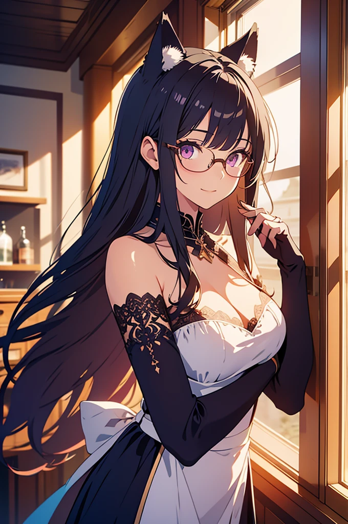 1girl,light smile,very long hair,straight hair,black hair, dark eyes,room,Medieval European House,By the window,Victorian maid costume,sunlight shines through the window,from side,cowboy shot,looking at viewer,calm atmosphere,tall female,glasses,standing, (Dangerous Beast) Cosplay Costume,elbow gloves, fur-trimmed gloves, fur-trimmed legwear, fur collar, fur trim, o-ring, purple gloves, purple thighhighs, wolf ears,