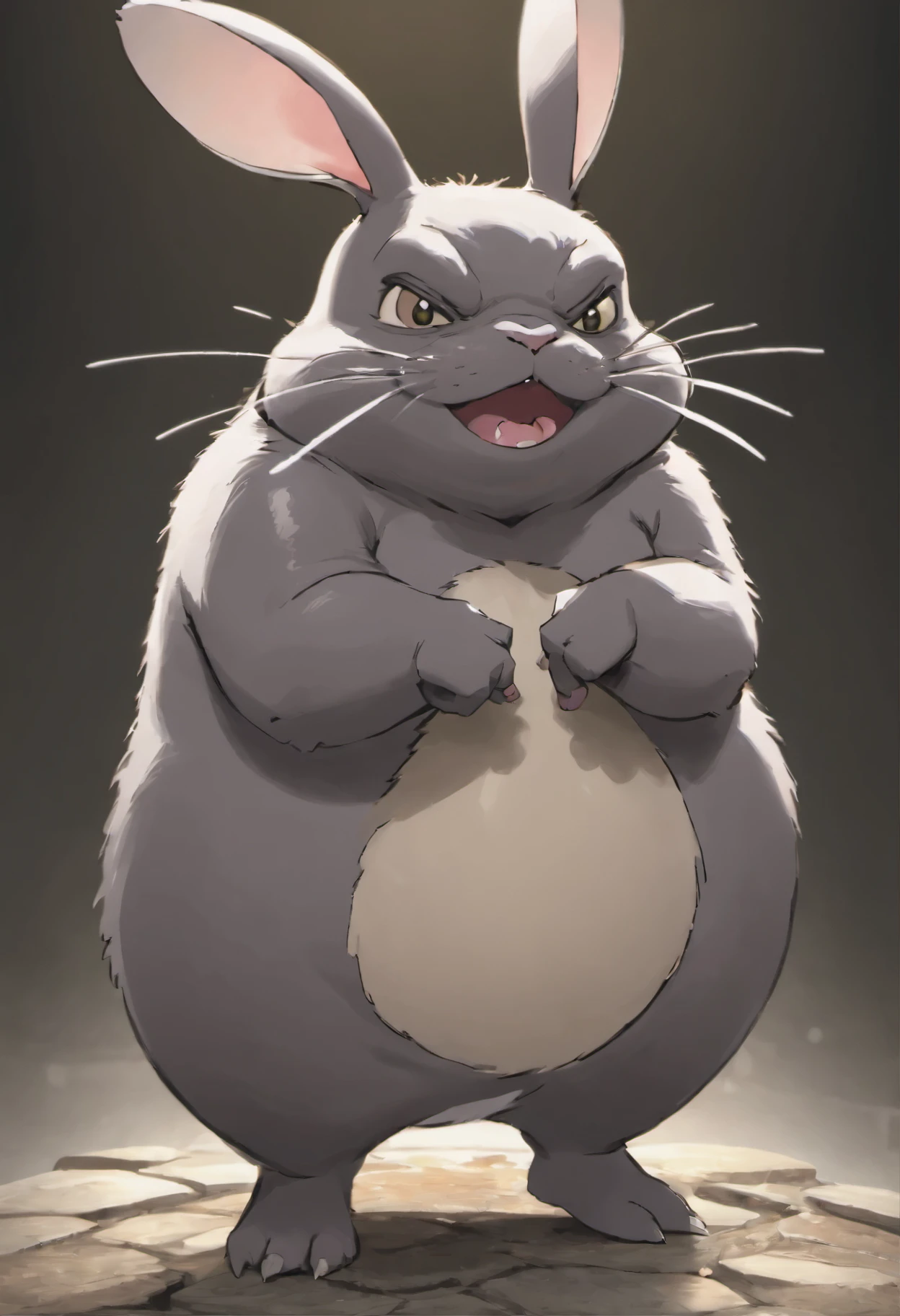 here is a small animal, standing on a stone, happy big chungus, big chungus, big chungus meme, chinchilla animal, smear, with pointed ears, Fat rabbit beetles, big chungus boss, It looks very stupid, Half a rabbit, Real life Totoro