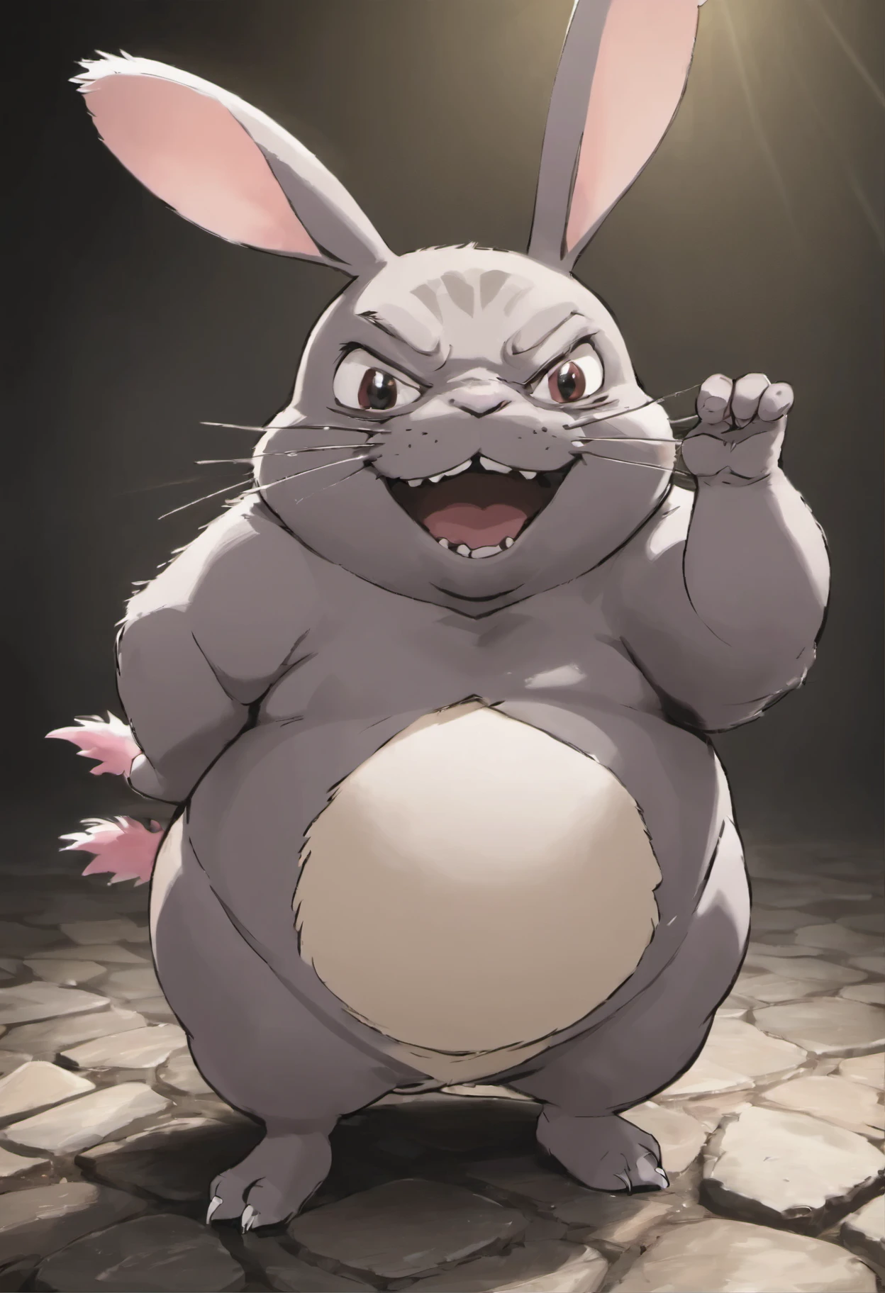 here is a small animal, standing on a stone, happy big chungus, big chungus, big chungus meme, chinchilla animal, smear, with pointed ears, Fat rabbit beetles, big chungus boss, It looks very stupid, Half a rabbit, Real life Totoro