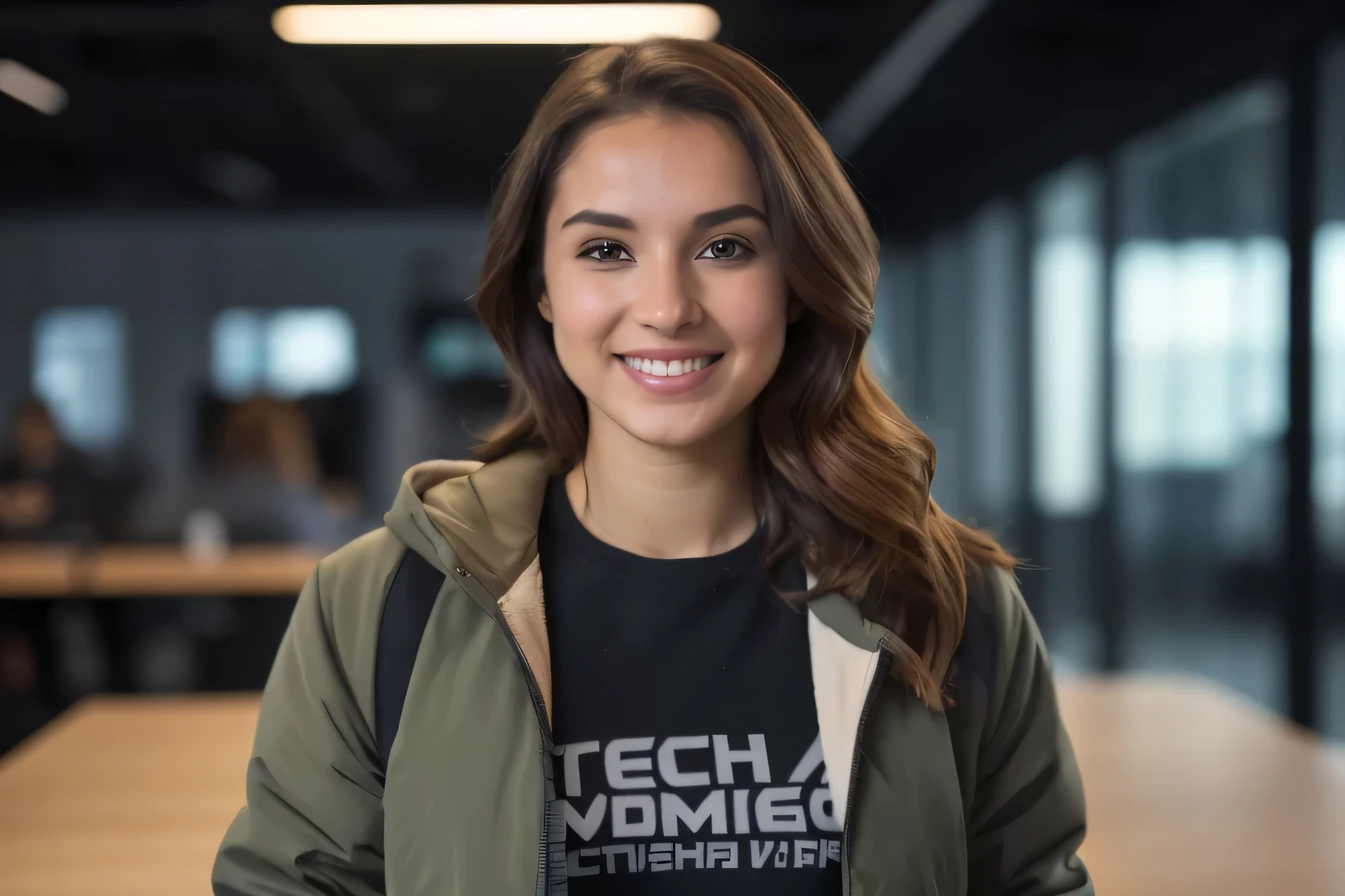Arafed woman in green jacket and black shirt standing in a room, nodded, photograph of a woman in technological clothing, sudadera con capucha negra techie, anastasia ovchinnikova, foto oficial del producto, Olga Buzová, tech art, anna nikonova aka new milkmaid, julia gorokhova, Angelina Stroganova, Face of Technology, Retrato de Sophie Mudd